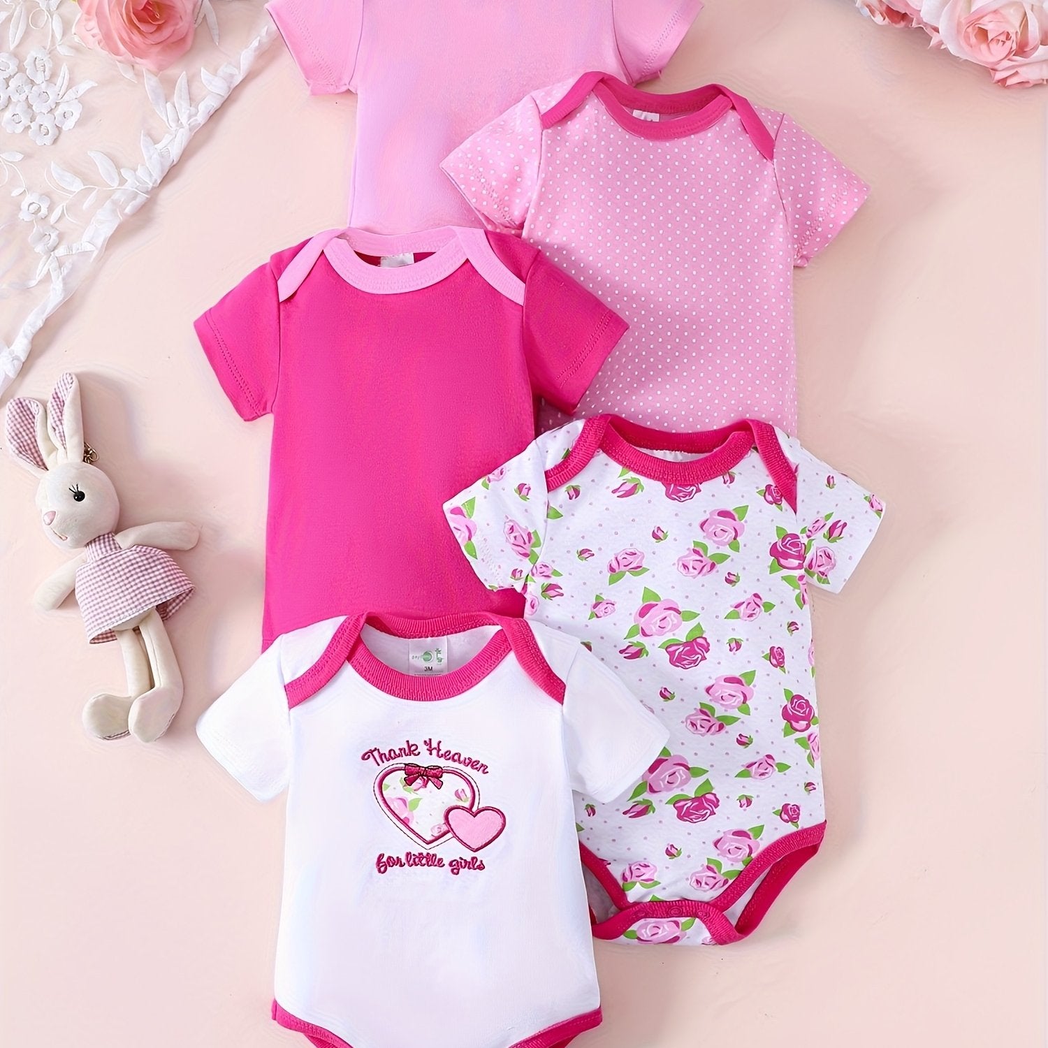 5pcs Short-sleeved Triangular One-piece Dress for Baby Girls, Cotton Home Wear for Baby Girls with Heart-shaped Flower Prints, Suitable for Outdoor Climbing Wear, Perfect for Outdoor,  Floral Print Dress, Short Sleeve Baby Cl