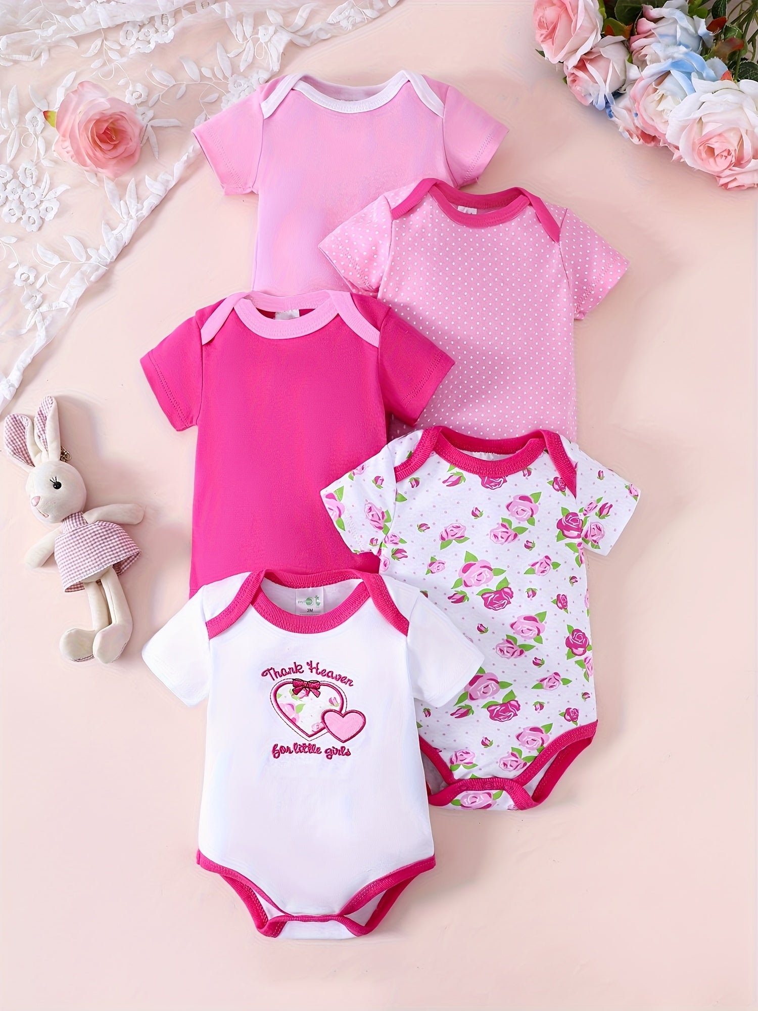 5pcs Short-sleeved Triangular One-piece Dress for Baby Girls, Cotton Home Wear for Baby Girls with Heart-shaped Flower Prints, Suitable for Outdoor Climbing Wear, Perfect for Outdoor,  Floral Print Dress, Short Sleeve Baby Cl