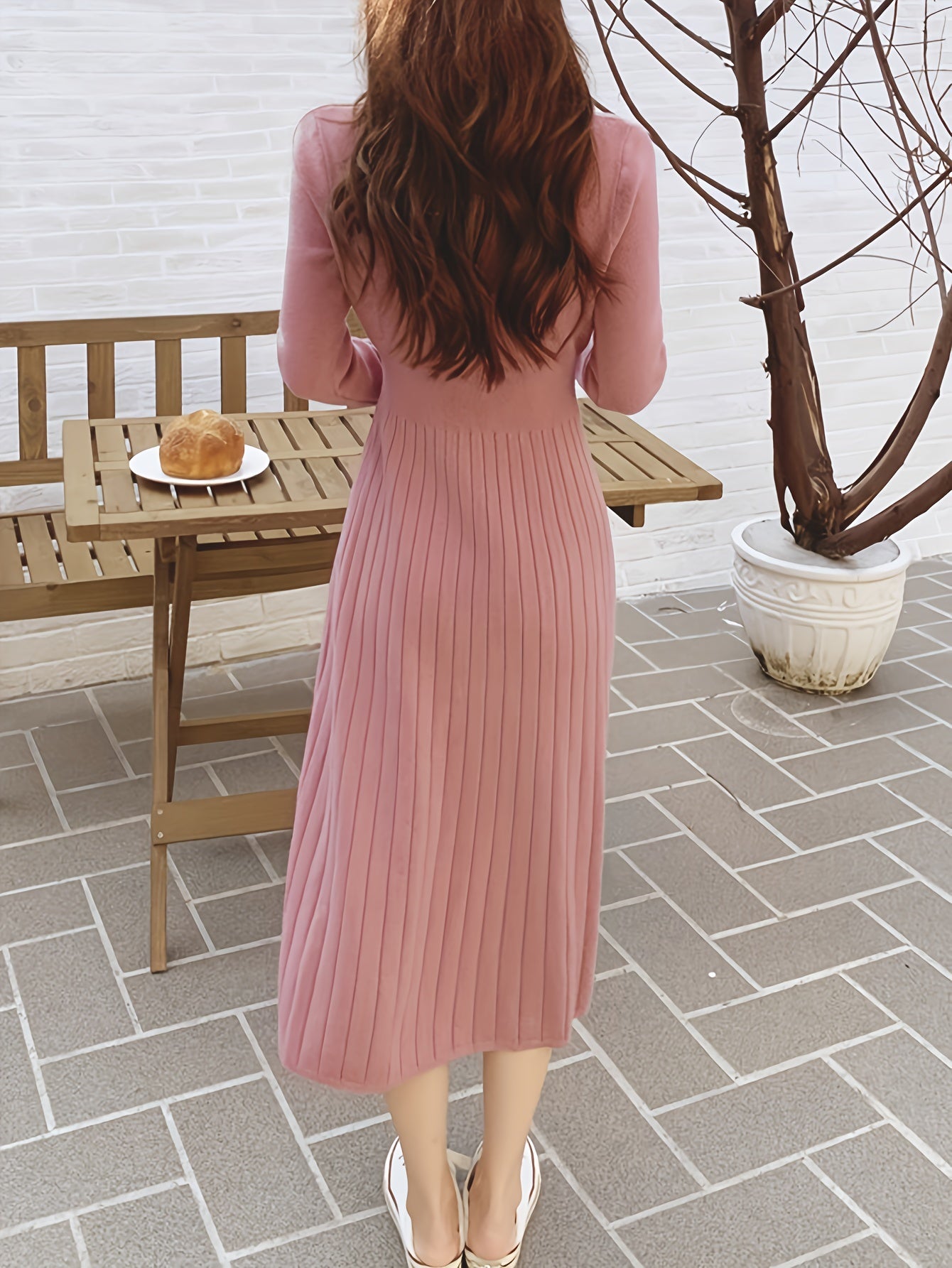 Button Front V-neck Sweater Dress, Solid Long Sleeve Dress, Women's Clothing