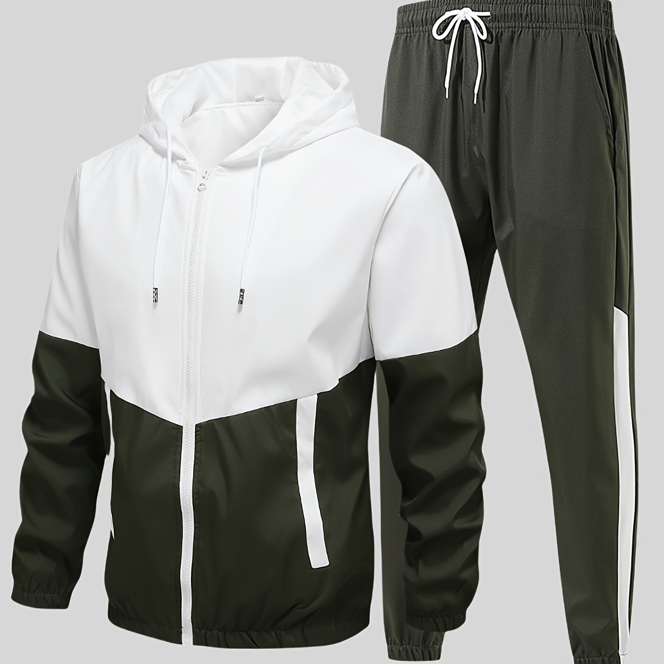 Men's Casual Sports Set, Spring/Autumn Hooded Jacket And Pants, 2-Piece Stylish Athletic Suit, Youth Fashion Trend, Color Block Design