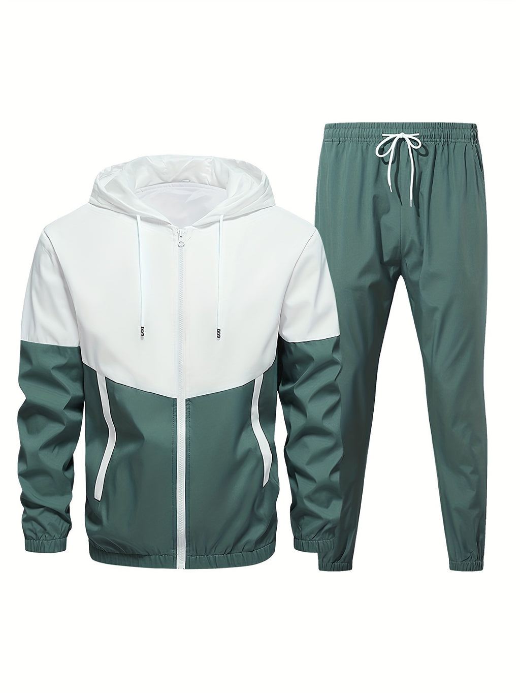 Men's Casual Sports Set, Spring/Autumn Hooded Jacket And Pants, 2-Piece Stylish Athletic Suit, Youth Fashion Trend, Color Block Design