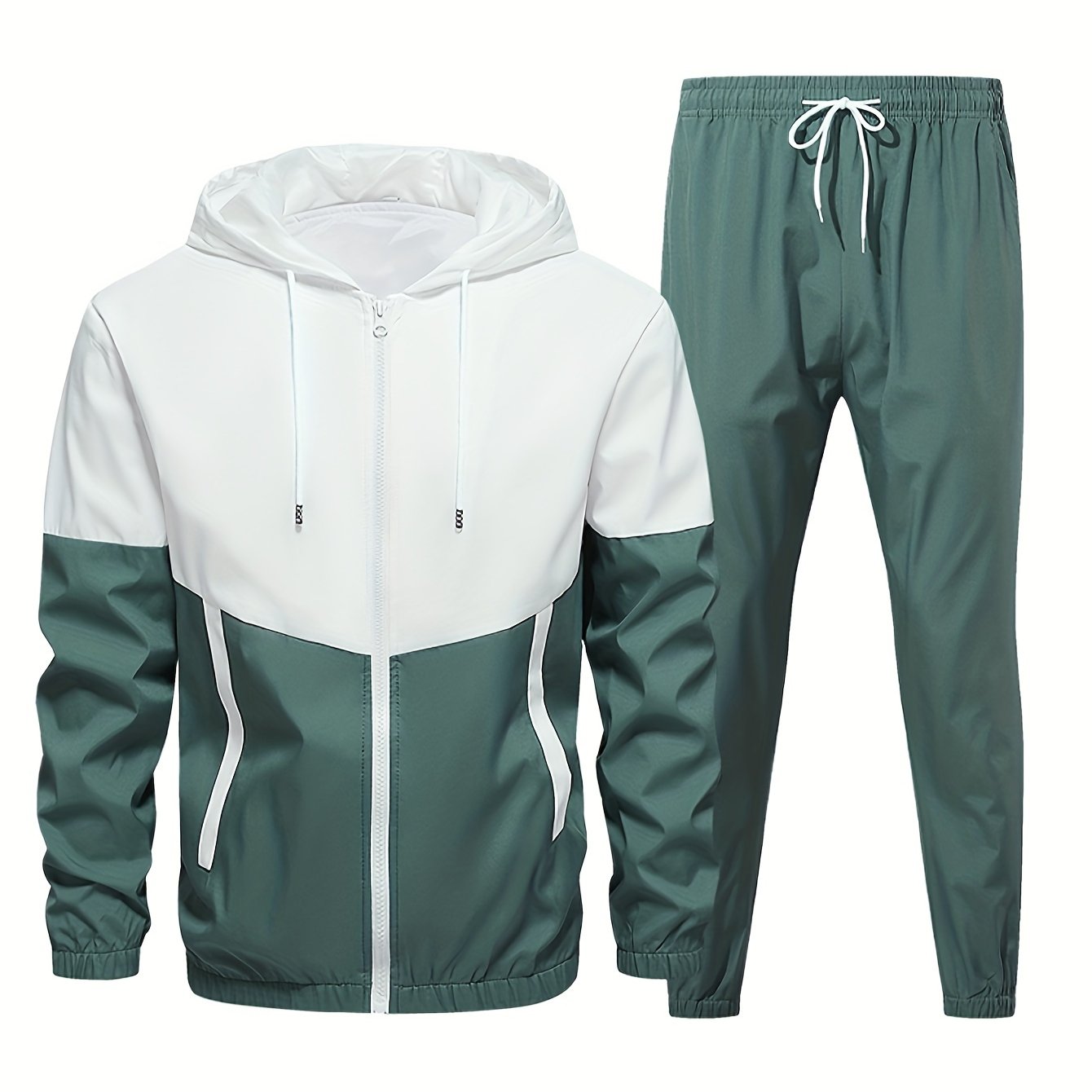 Men's Casual Sports Set, Spring/Autumn Hooded Jacket And Pants, 2-Piece Stylish Athletic Suit, Youth Fashion Trend, Color Block Design