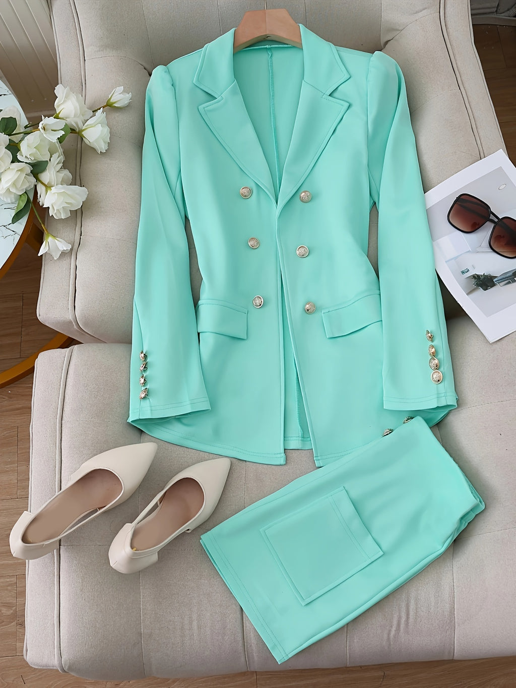 Elegant White Double-Breasted Blazer with Floral Print - Stylish Short Sleeve Suit for Women, Professional Attire with Button Details, Polyester Blend, All-Season Wear, Office Attire|Floral Print Blazer|Structured Shoulders,