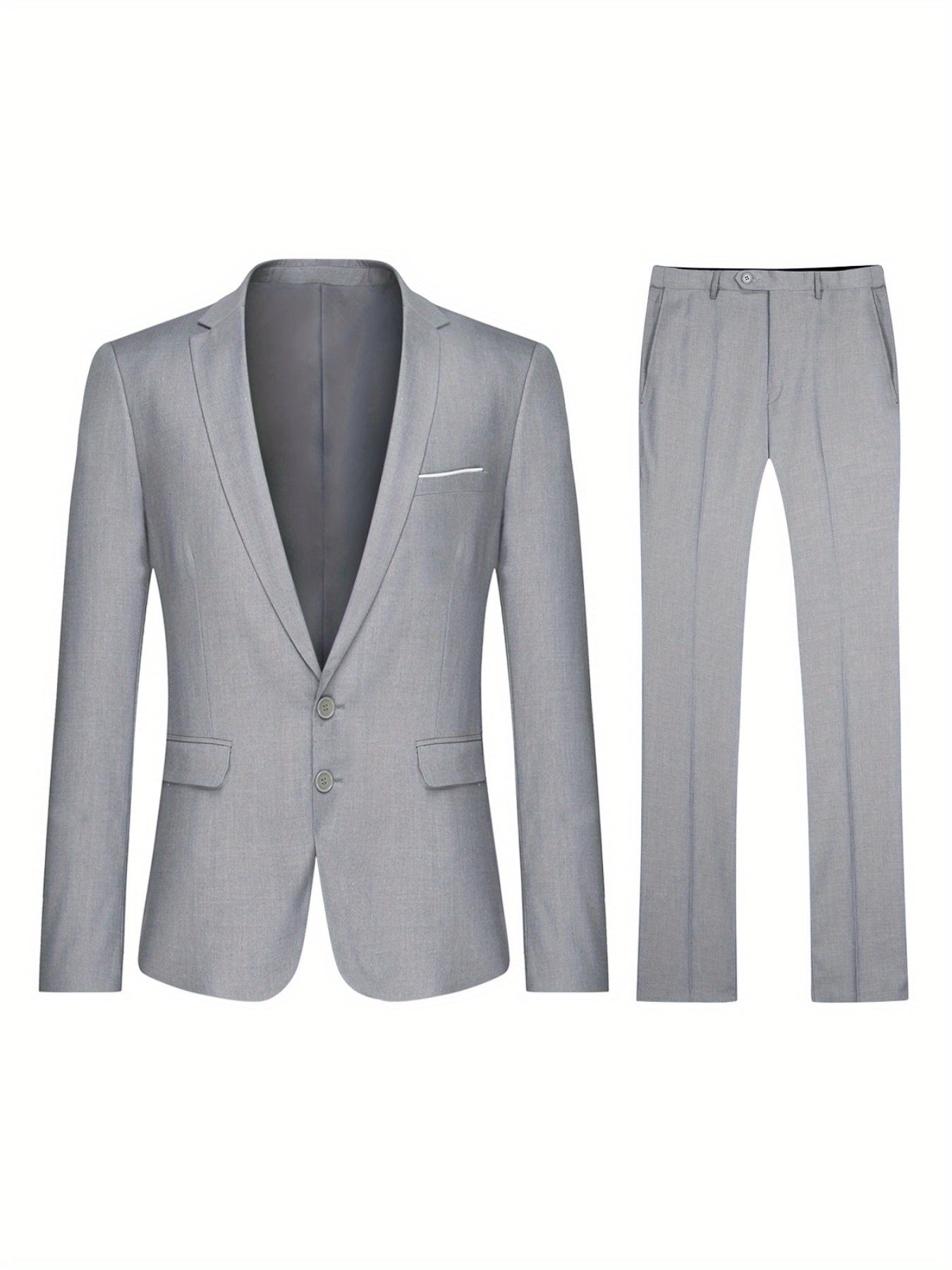 2 Pieces Men's Slim Fit Solid Color 2-Button Lapel Business Suit Set with Decorative Handkerchief Pocket and Suit Trousers for Formal Events