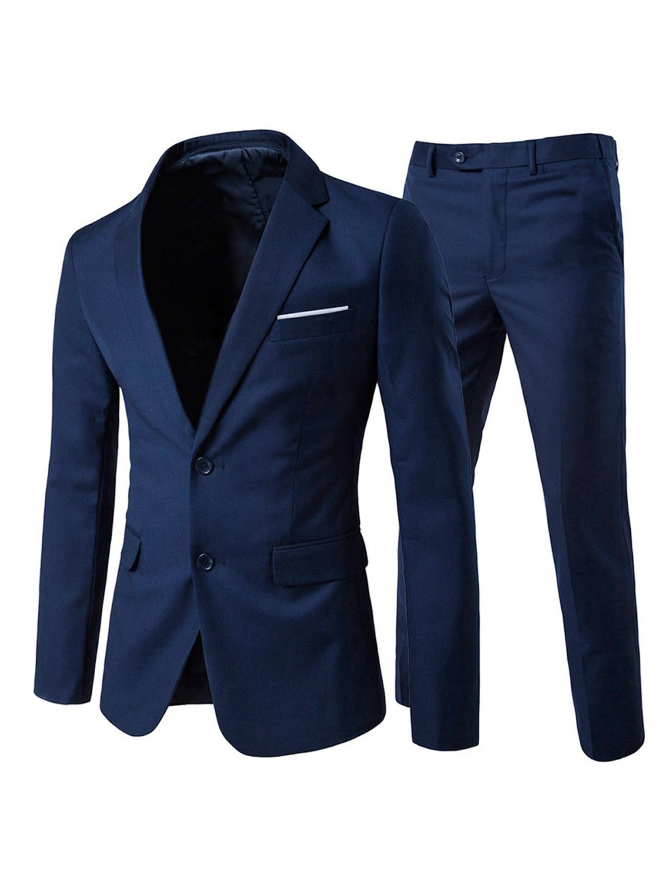 2 Pieces Men's Slim Fit Solid Color 2-Button Lapel Business Suit Set with Decorative Handkerchief Pocket and Suit Trousers for Formal Events