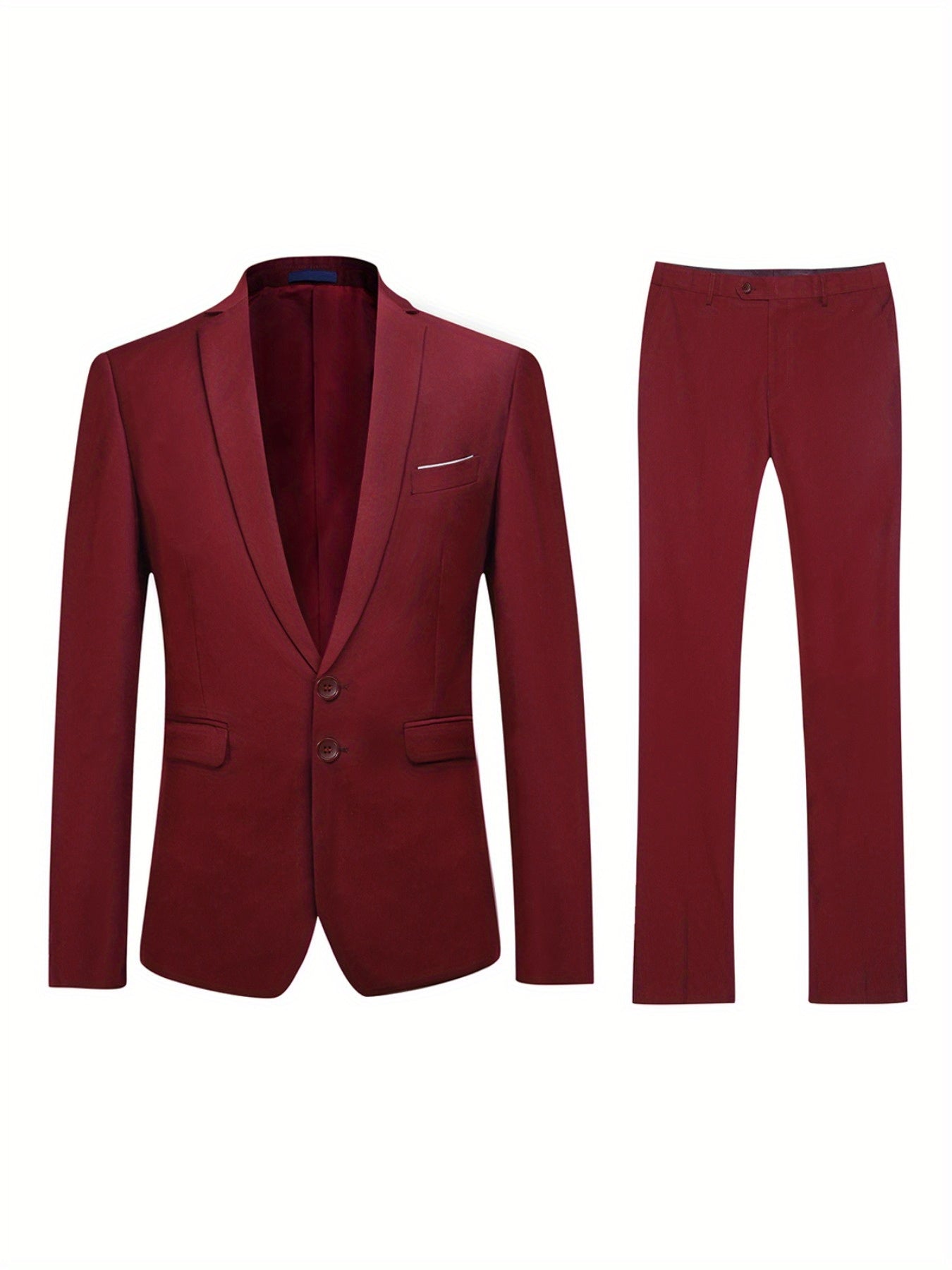 2 Pieces Men's Slim Fit Solid Color 2-Button Lapel Business Suit Set with Decorative Handkerchief Pocket and Suit Trousers for Formal Events