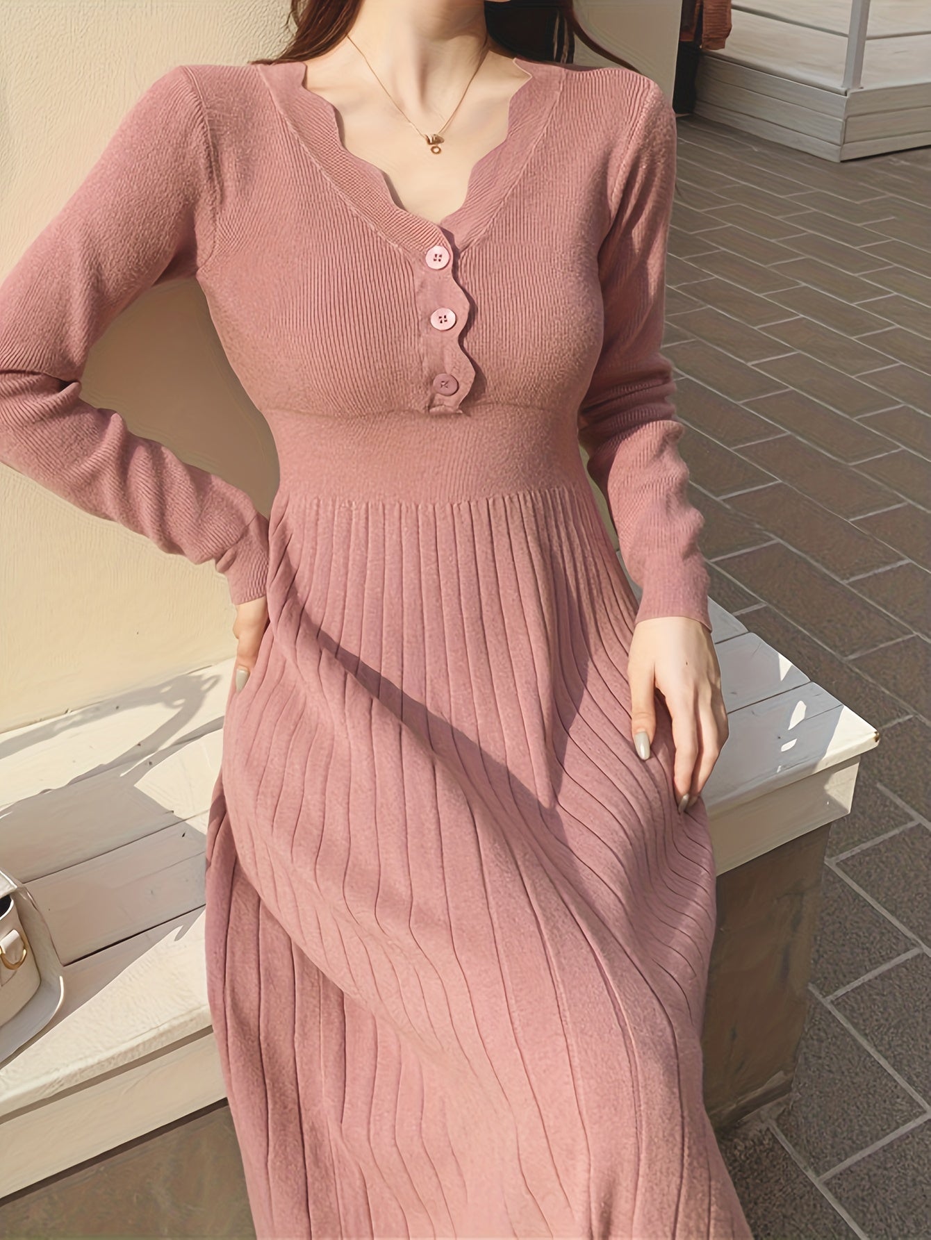 Button Front V-neck Sweater Dress, Solid Long Sleeve Dress, Women's Clothing