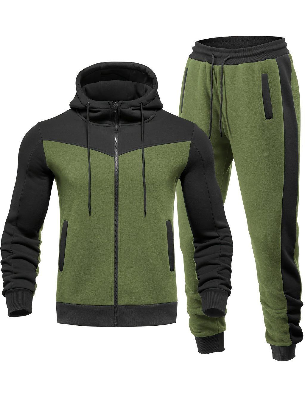 Two-Piece Color Block Men's Casual Sportswear Hoodie Set, Zip-Up Drawstring Jogging Suit For All Seasons
