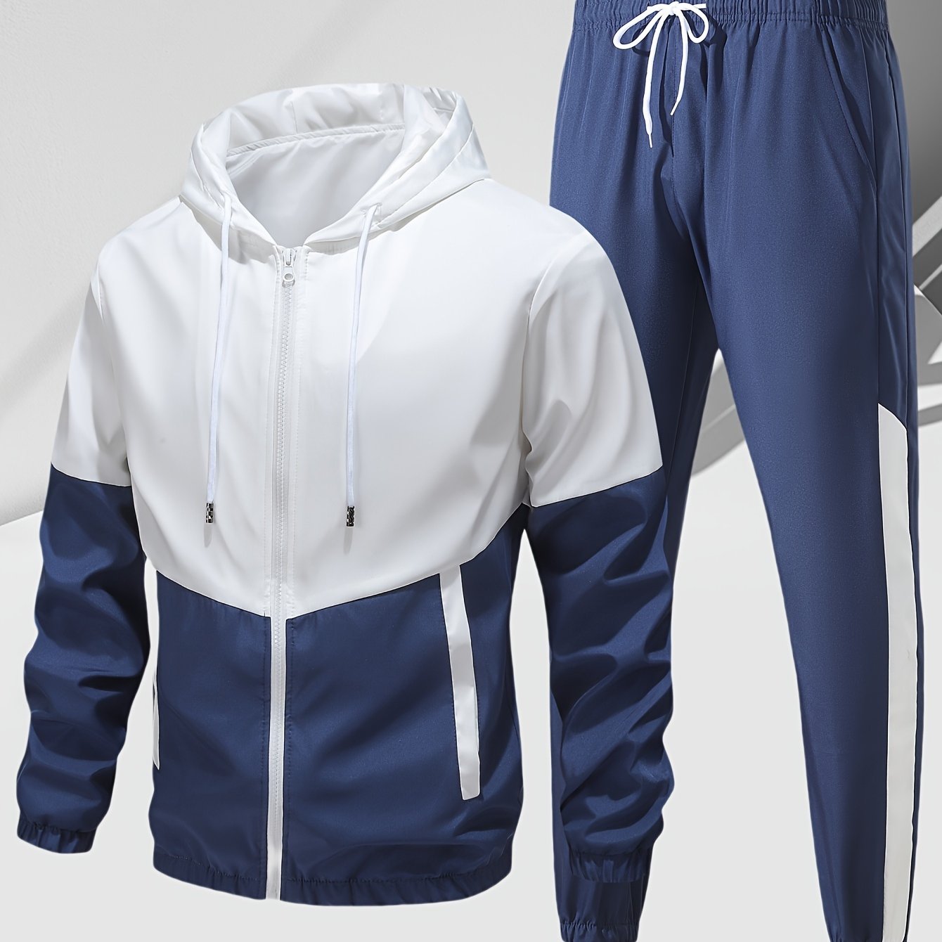 Men's Casual Sports Set, Spring/Autumn Hooded Jacket And Pants, 2-Piece Stylish Athletic Suit, Youth Fashion Trend, Color Block Design