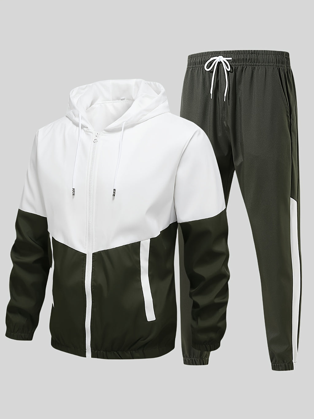 Men's Casual Sports Set, Spring/Autumn Hooded Jacket And Pants, 2-Piece Stylish Athletic Suit, Youth Fashion Trend, Color Block Design