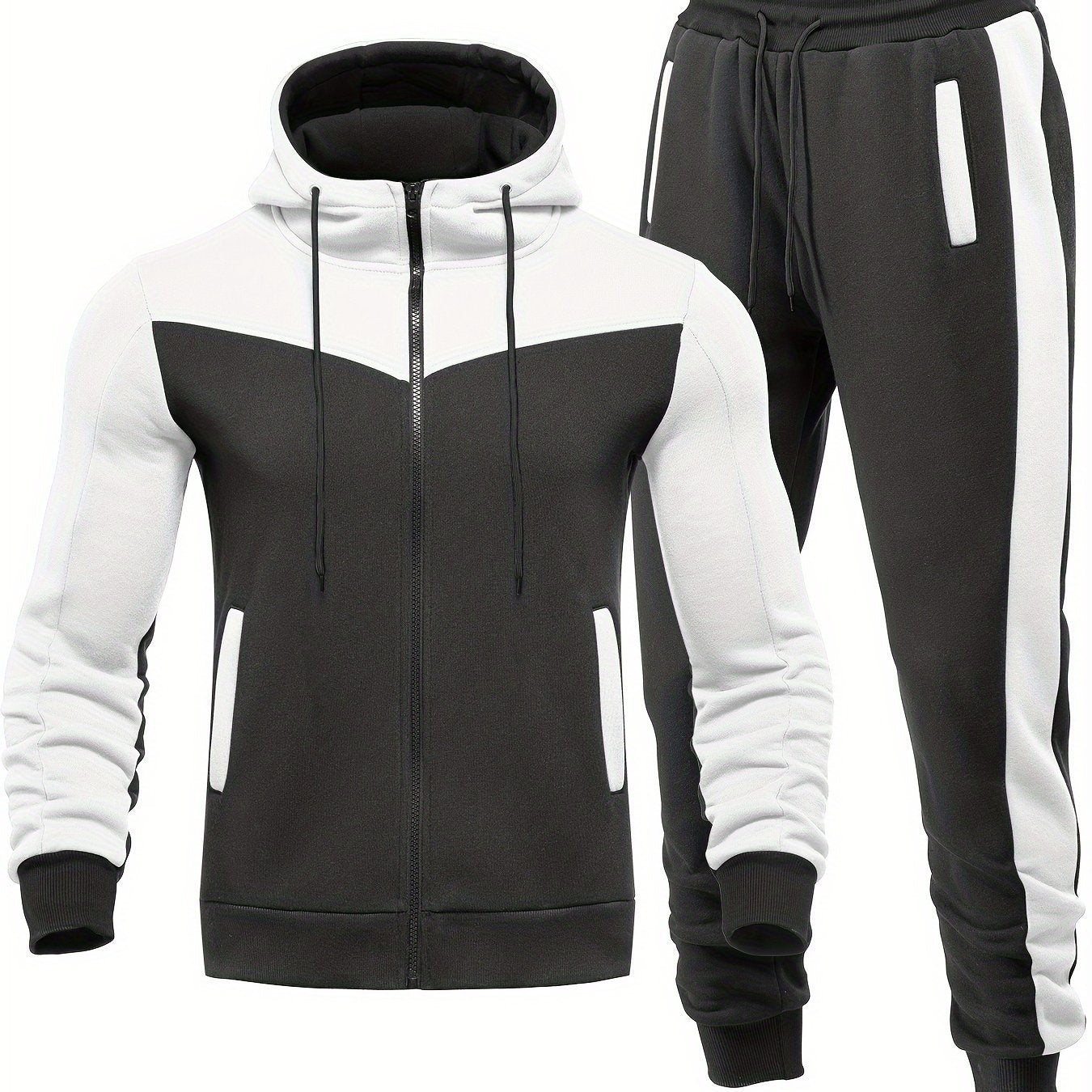 Two-Piece Color Block Men's Casual Sportswear Hoodie Set, Zip-Up Drawstring Jogging Suit For All Seasons