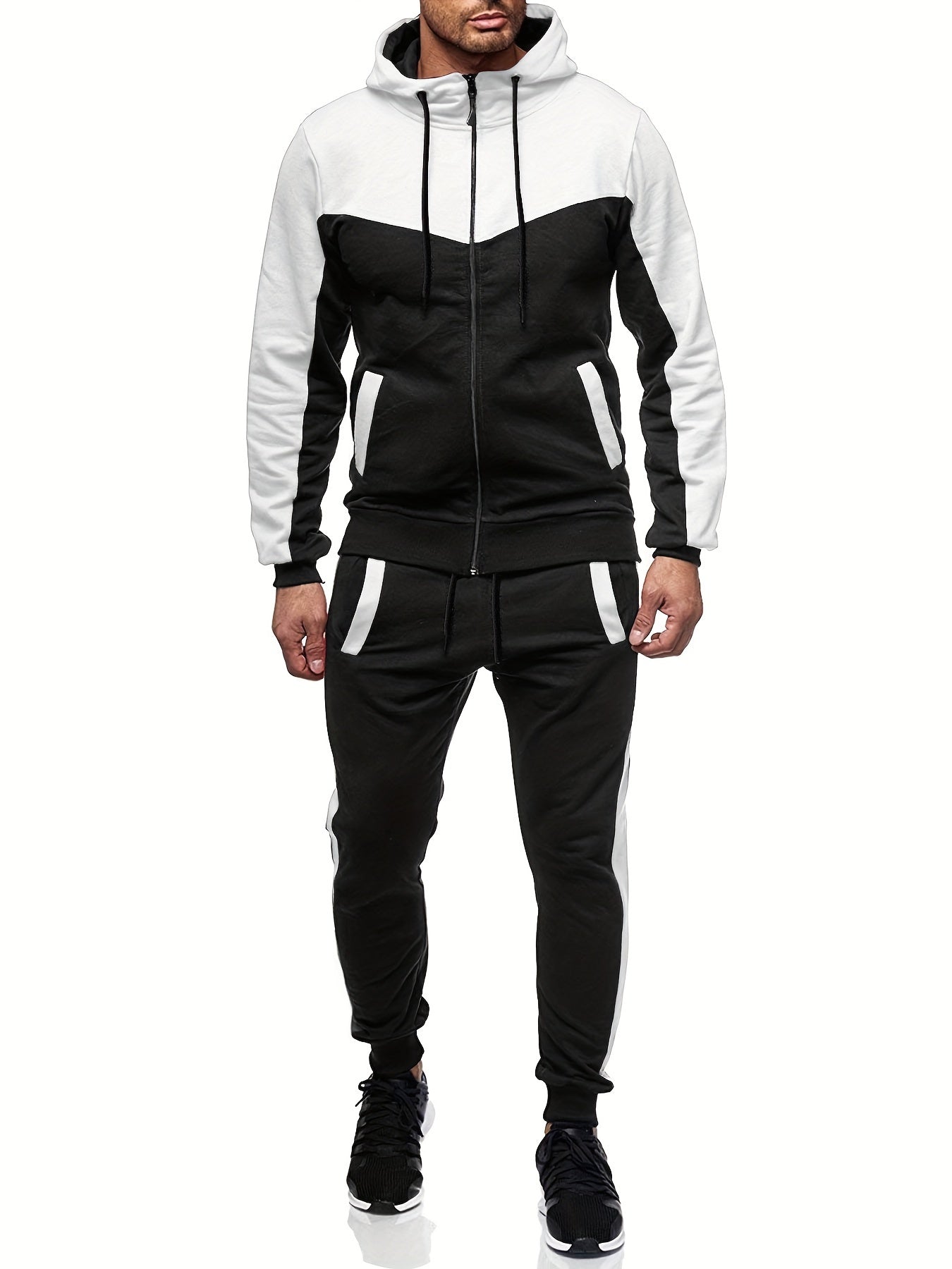 Two-Piece Color Block Men's Casual Sportswear Hoodie Set, Zip-Up Drawstring Jogging Suit For All Seasons