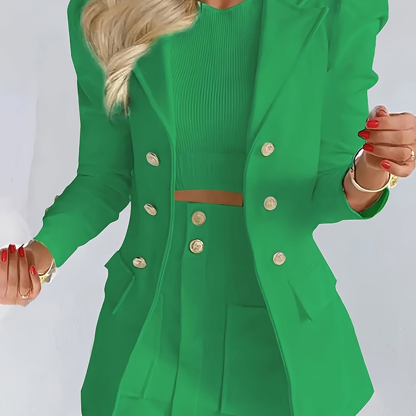 Elegant White Double-Breasted Blazer with Floral Print - Stylish Short Sleeve Suit for Women, Professional Attire with Button Details, Polyester Blend, All-Season Wear, Office Attire|Floral Print Blazer|Structured Shoulders,