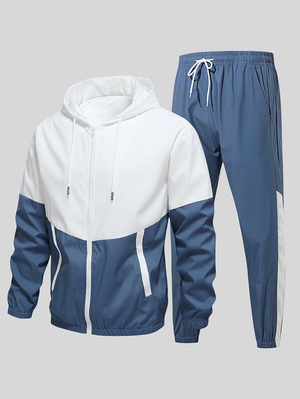 Men's Casual Sports Set, Spring/Autumn Hooded Jacket And Pants, 2-Piece Stylish Athletic Suit, Youth Fashion Trend, Color Block Design