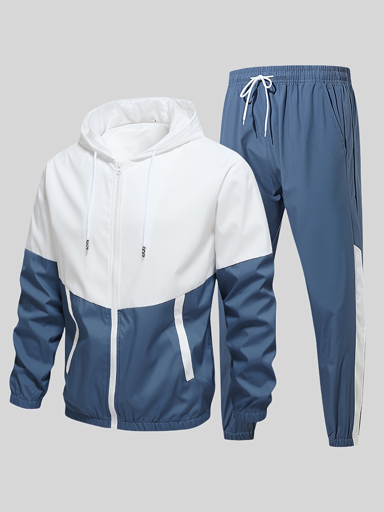 Men's Casual Sports Set, Spring/Autumn Hooded Jacket And Pants, 2-Piece Stylish Athletic Suit, Youth Fashion Trend, Color Block Design