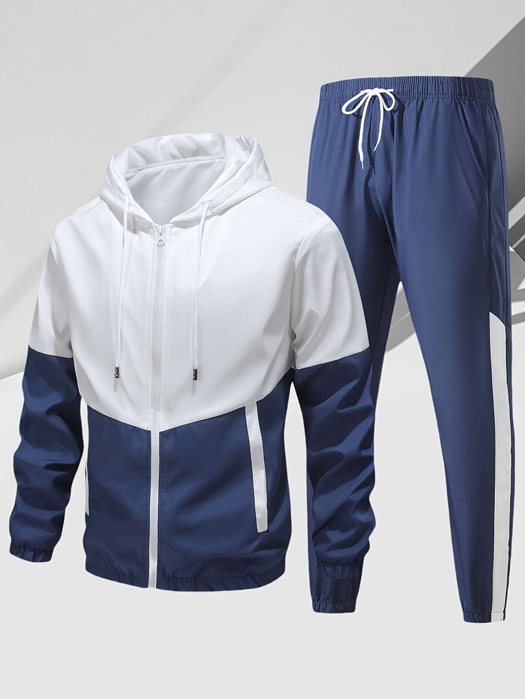 Men's Casual Sports Set, Spring/Autumn Hooded Jacket And Pants, 2-Piece Stylish Athletic Suit, Youth Fashion Trend, Color Block Design
