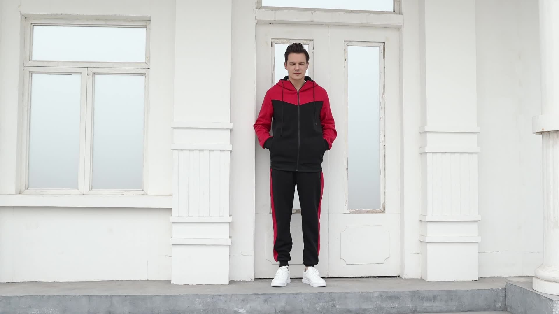 Two-Piece Color Block Men's Casual Sportswear Hoodie Set, Zip-Up Drawstring Jogging Suit For All Seasons