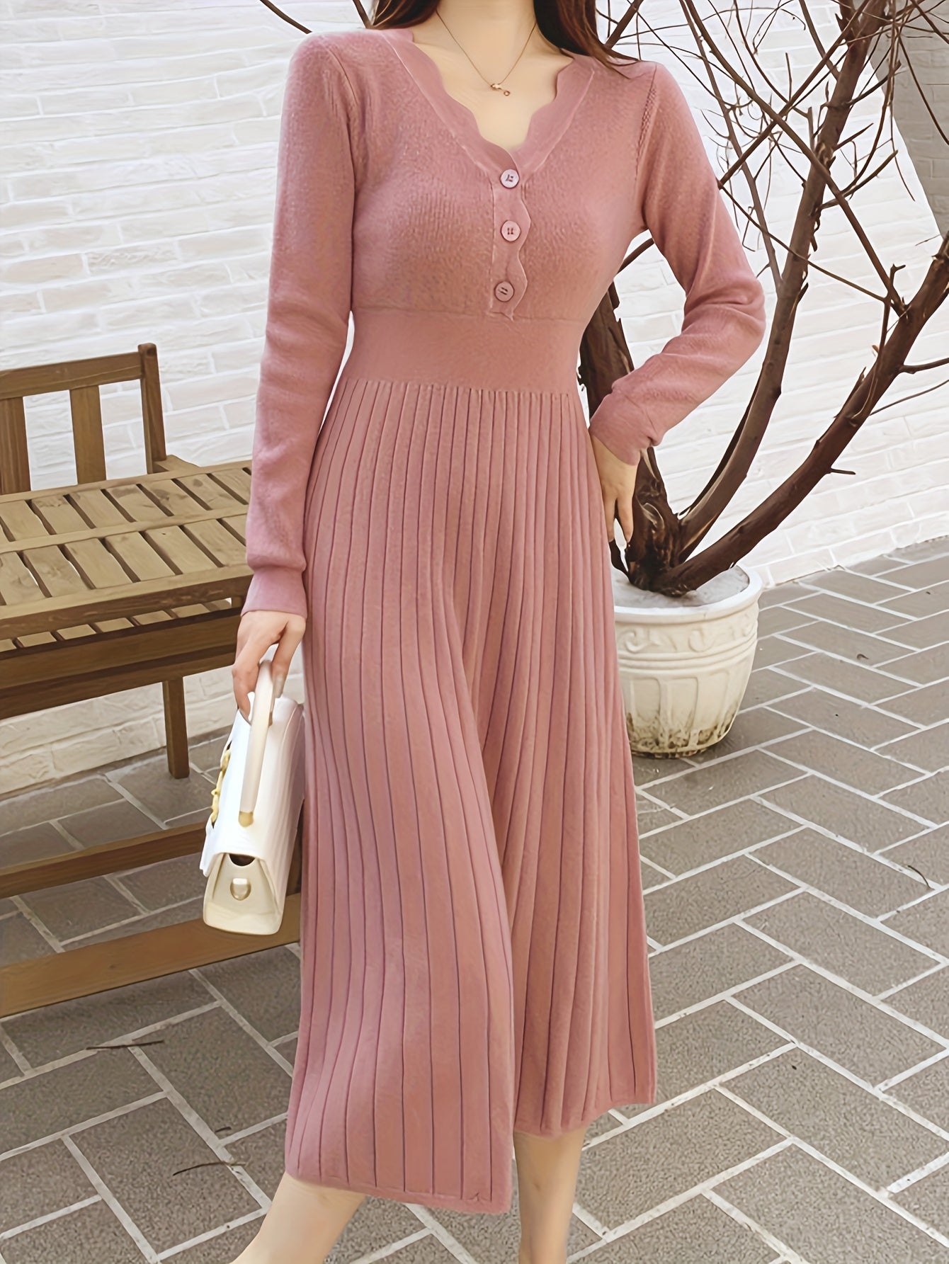 Button Front V-neck Sweater Dress, Solid Long Sleeve Dress, Women's Clothing