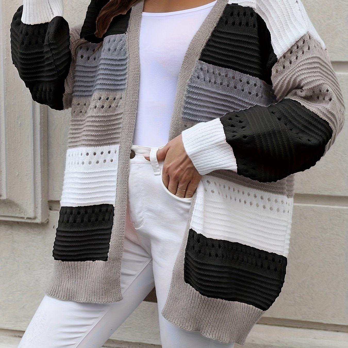 Casual Autumn Wear| Women's Plus Size Color Block Open Front Cardigan - Casual V-Neck, Eyelet Detail, Long Sleeve, Knit Sweater - Machine Washable, Polyester - Ideal for Fall/Winter, Fall Sweaters
