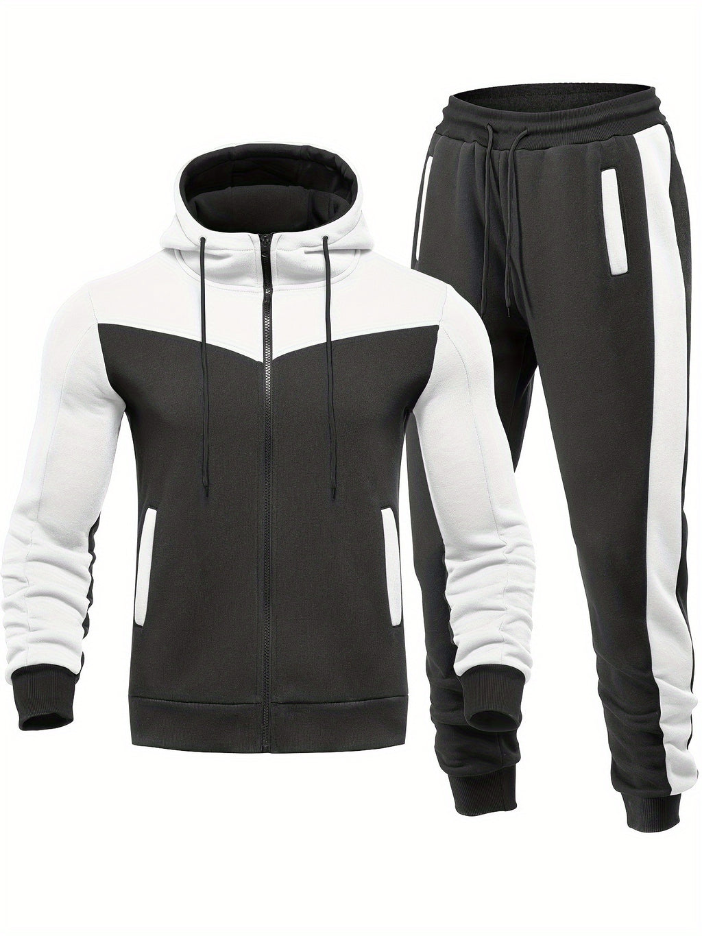 Two-Piece Color Block Men's Casual Sportswear Hoodie Set, Zip-Up Drawstring Jogging Suit For All Seasons