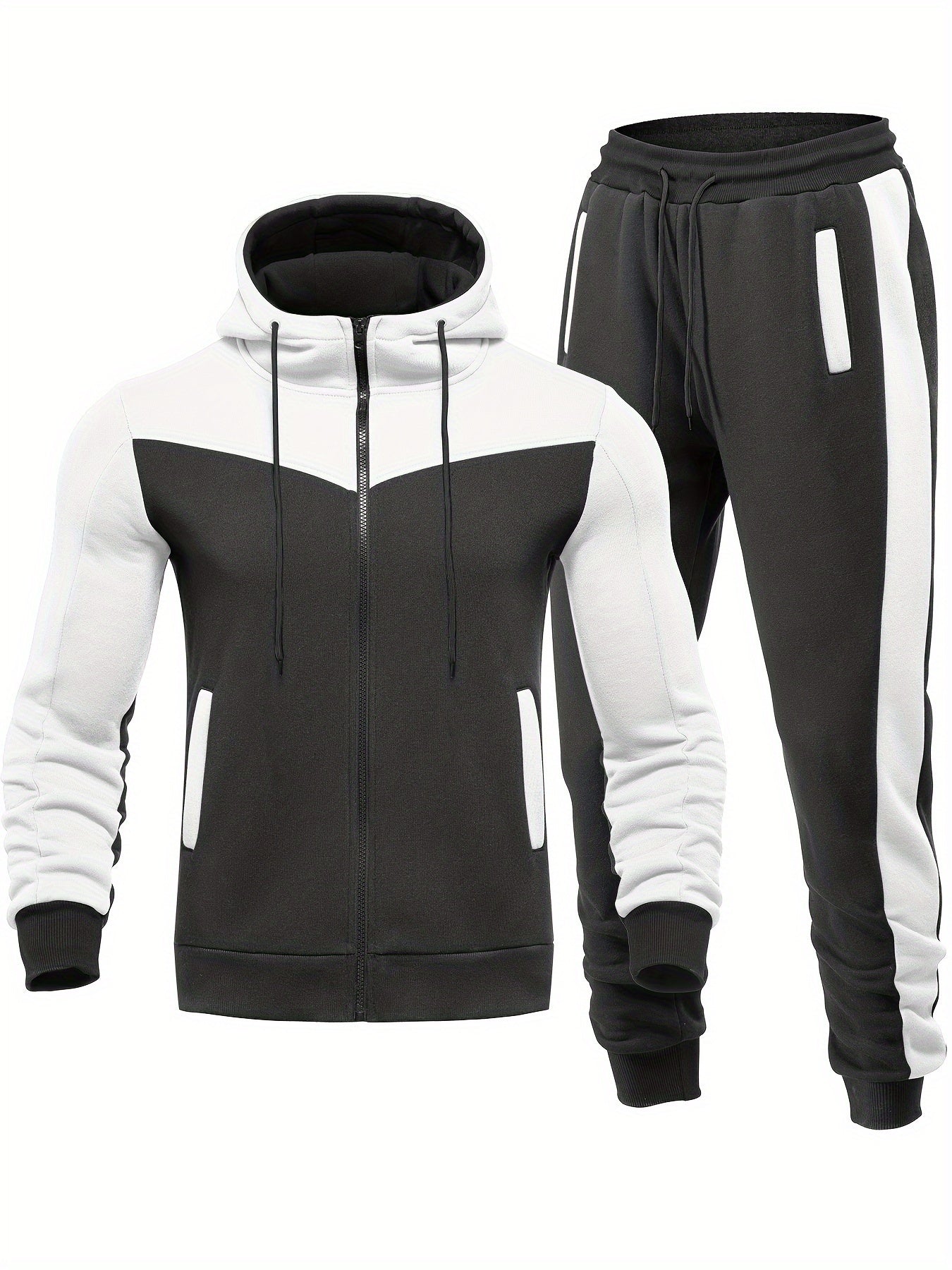 Two-Piece Color Block Men's Casual Sportswear Hoodie Set, Zip-Up Drawstring Jogging Suit For All Seasons