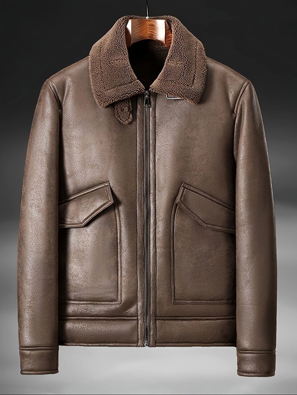 Men's Fleece-Lined Faux Leather Jacket - Casual, Zip-Up with Lapel Collar & Pockets for Winter Warmth