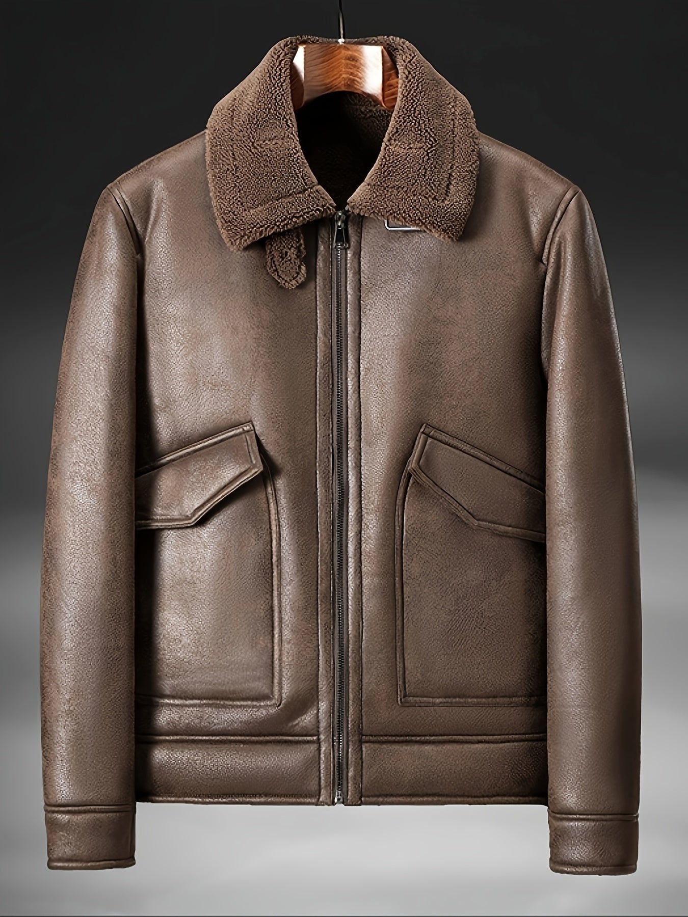 Men's Fleece-Lined Faux Leather Jacket - Casual, Zip-Up with Lapel Collar & Pockets for Winter Warmth