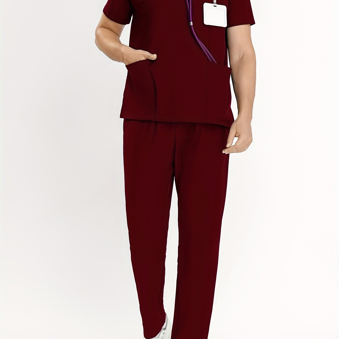 Men's 2-piece Solid Color Work Wear Set Of Tops And Pants, Short Sleeve V Neck T-shirt With Side Pocket, And Regular Fit Ankle Long Pants, Professional Work Suit For Men