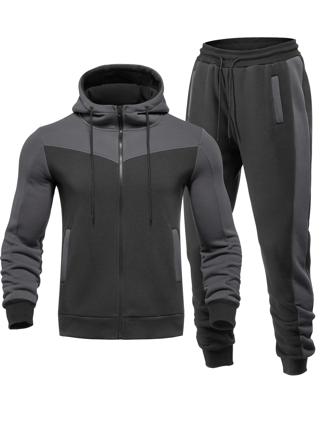 Two-Piece Color Block Men's Casual Sportswear Hoodie Set, Zip-Up Drawstring Jogging Suit For All Seasons