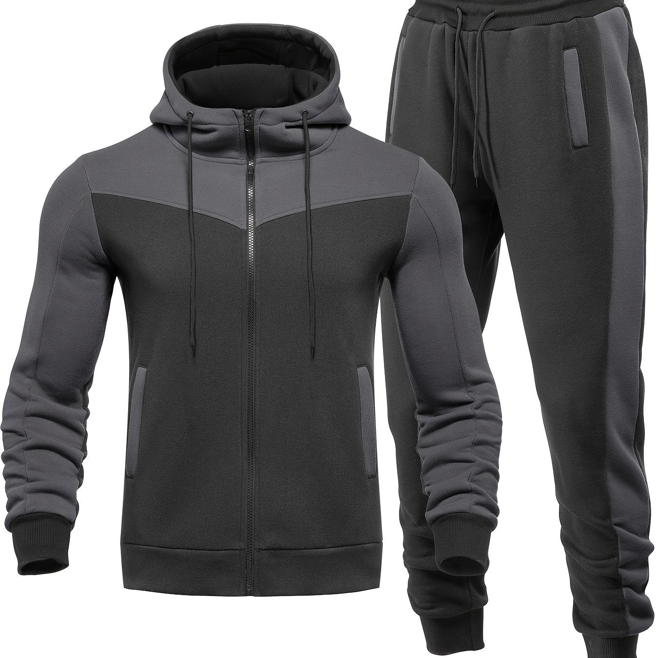Two-Piece Color Block Men's Casual Sportswear Hoodie Set, Zip-Up Drawstring Jogging Suit For All Seasons