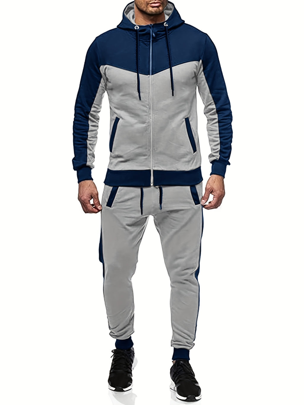 Two-Piece Color Block Men's Casual Sportswear Hoodie Set, Zip-Up Drawstring Jogging Suit For All Seasons