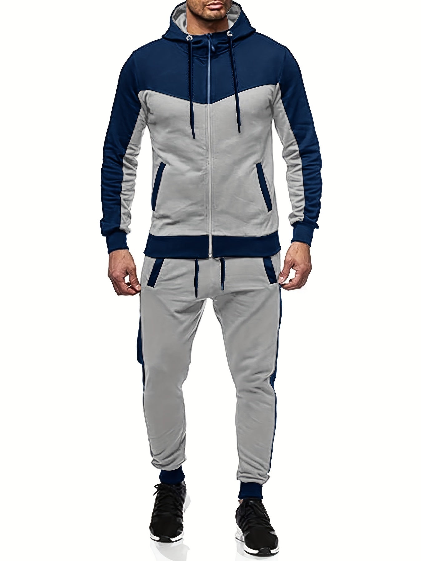 Two-Piece Color Block Men's Casual Sportswear Hoodie Set, Zip-Up Drawstring Jogging Suit For All Seasons