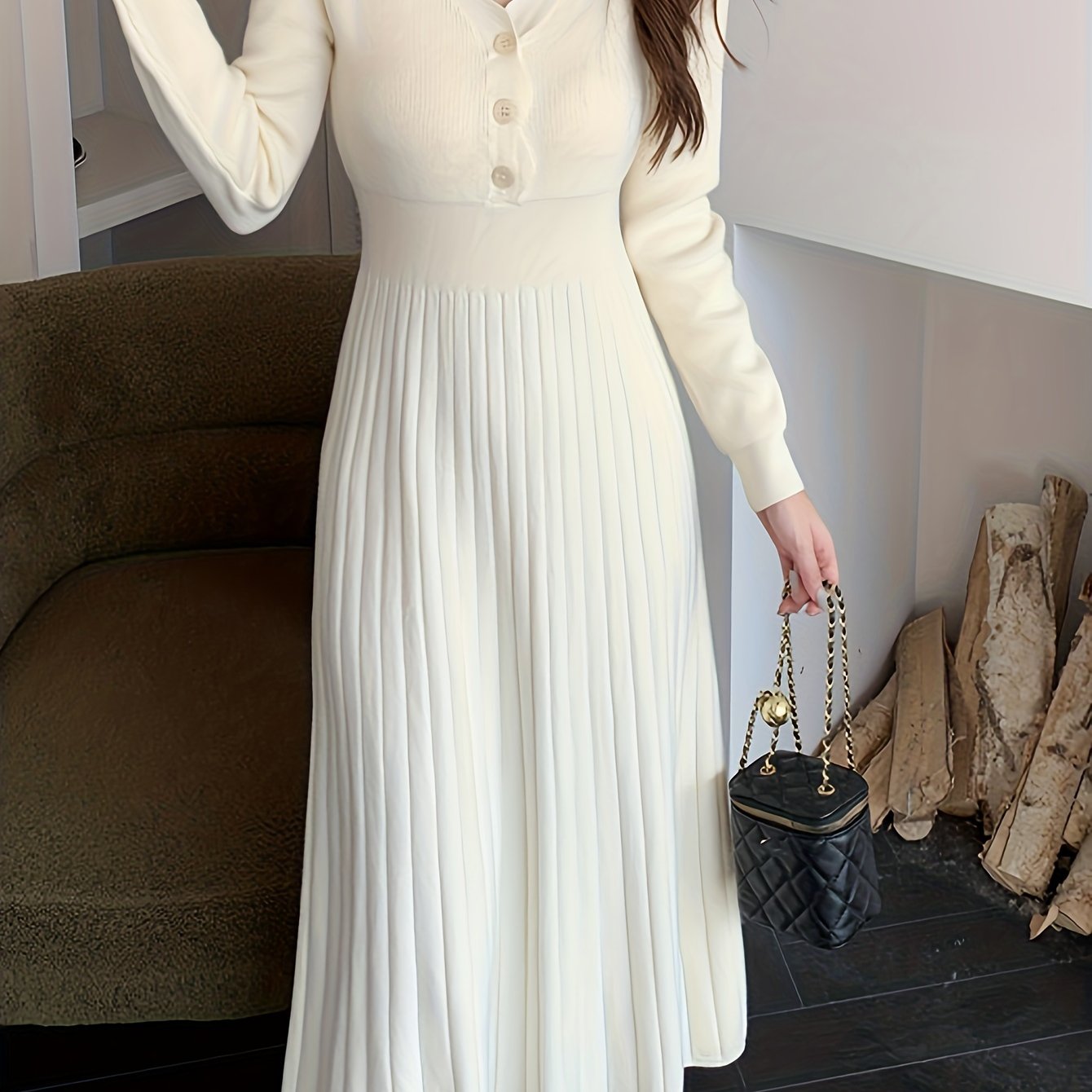 Button Front V-neck Sweater Dress, Solid Long Sleeve Dress, Women's Clothing
