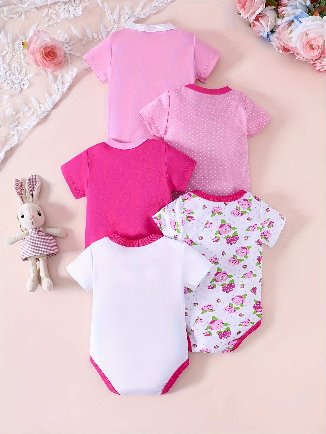 5pcs Short-sleeved Triangular One-piece Dress for Baby Girls, Cotton Home Wear for Baby Girls with Heart-shaped Flower Prints, Suitable for Outdoor Climbing Wear, Perfect for Outdoor,  Floral Print Dress, Short Sleeve Baby Cl