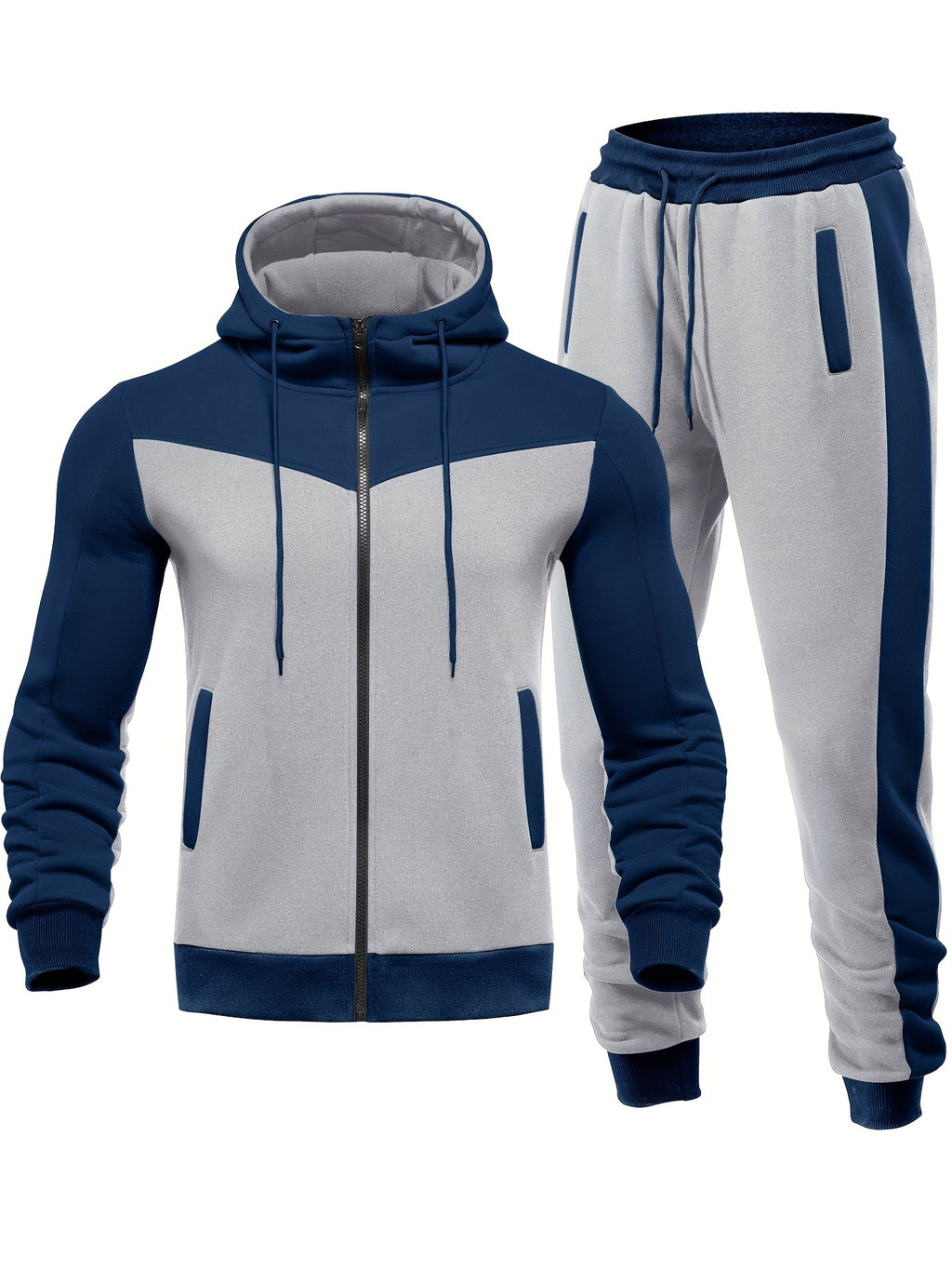 Two-Piece Color Block Men's Casual Sportswear Hoodie Set, Zip-Up Drawstring Jogging Suit For All Seasons