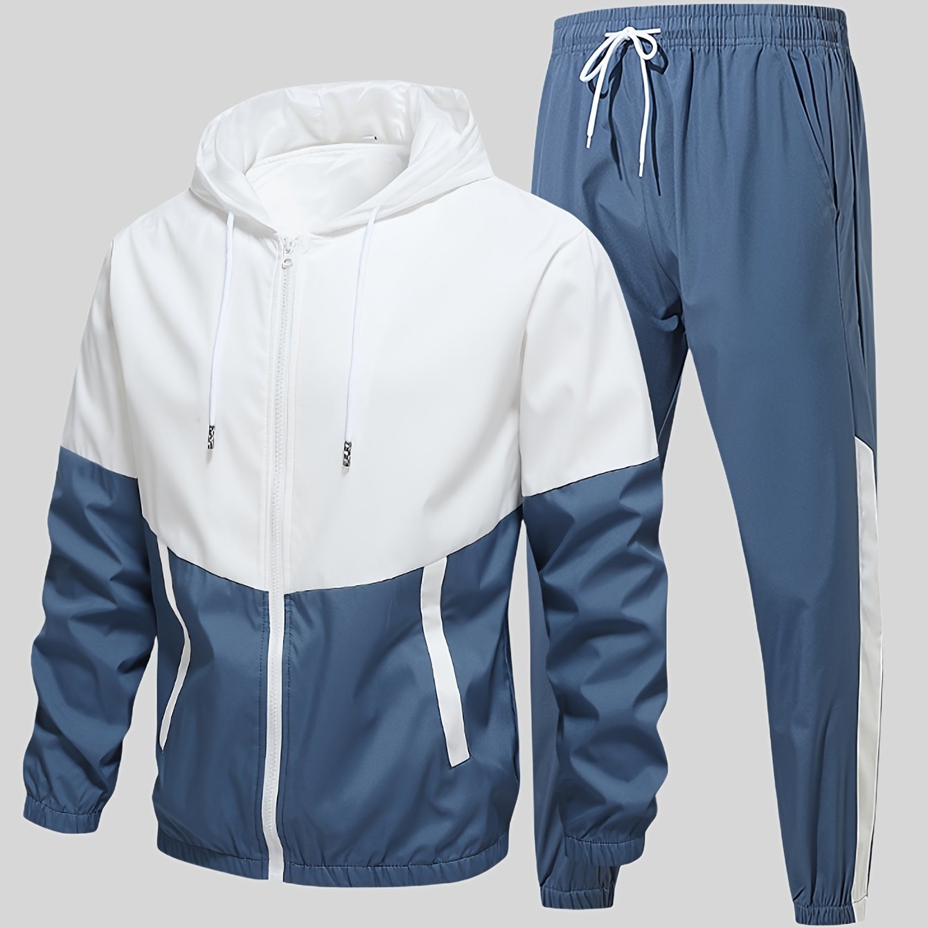 Men's Casual Sports Set, Spring/Autumn Hooded Jacket And Pants, 2-Piece Stylish Athletic Suit, Youth Fashion Trend, Color Block Design