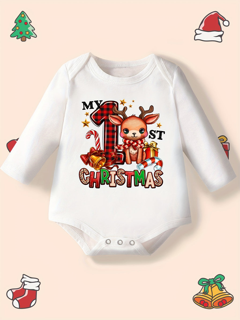 Baby Girl'S My 1st Christmas Long Sleeve Romper - Festive Reindeer & Letter Print, Soft Breathable Fabric, Snap Closure, Cozy Winter Outfit for Newborns, Holiday Celebration Outfit, Christmas Baby Clothes, Newborn Winter Wear