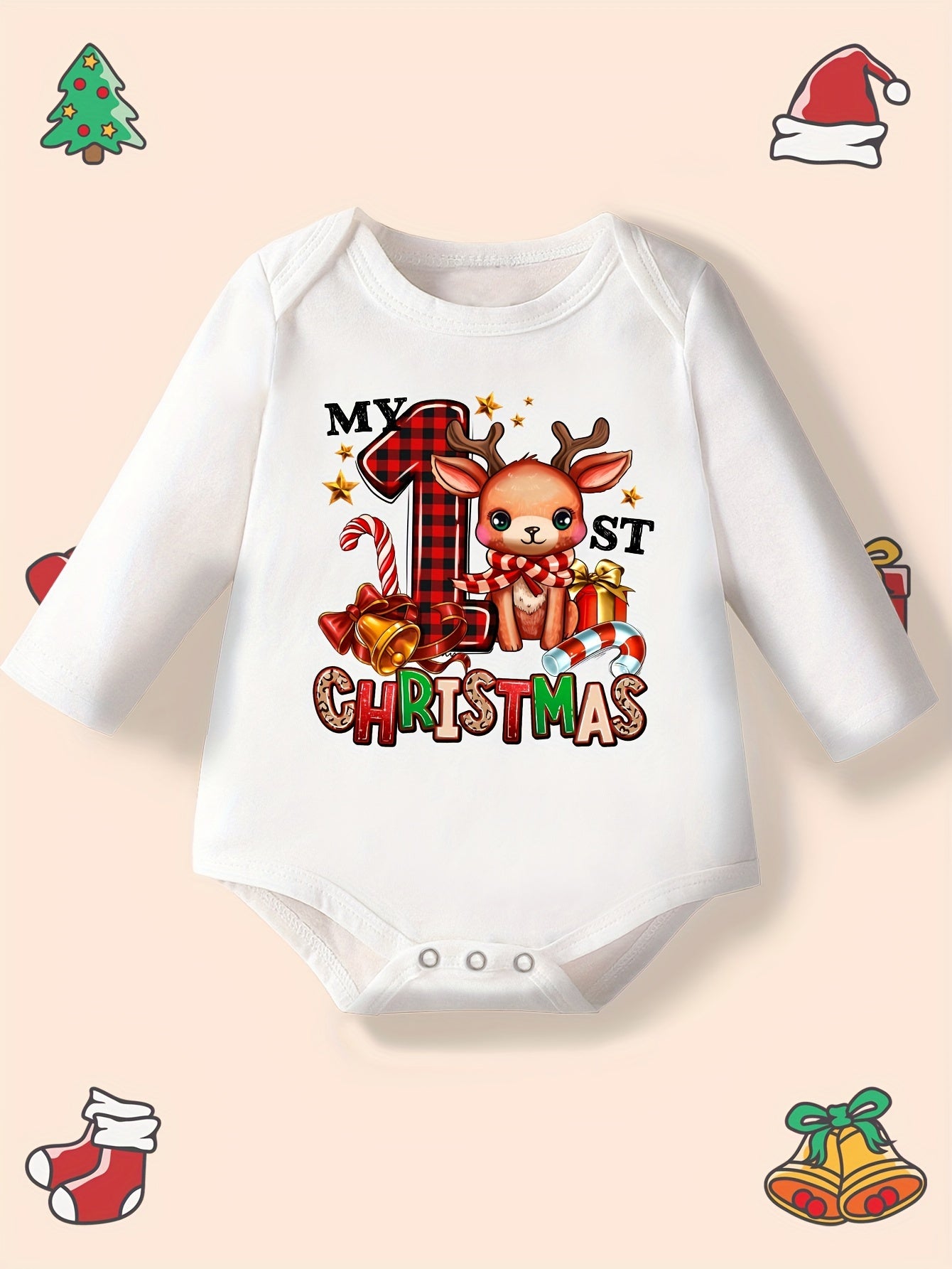 Baby Girl'S My 1st Christmas Long Sleeve Romper - Festive Reindeer & Letter Print, Soft Breathable Fabric, Snap Closure, Cozy Winter Outfit for Newborns, Holiday Celebration Outfit, Christmas Baby Clothes, Newborn Winter Wear
