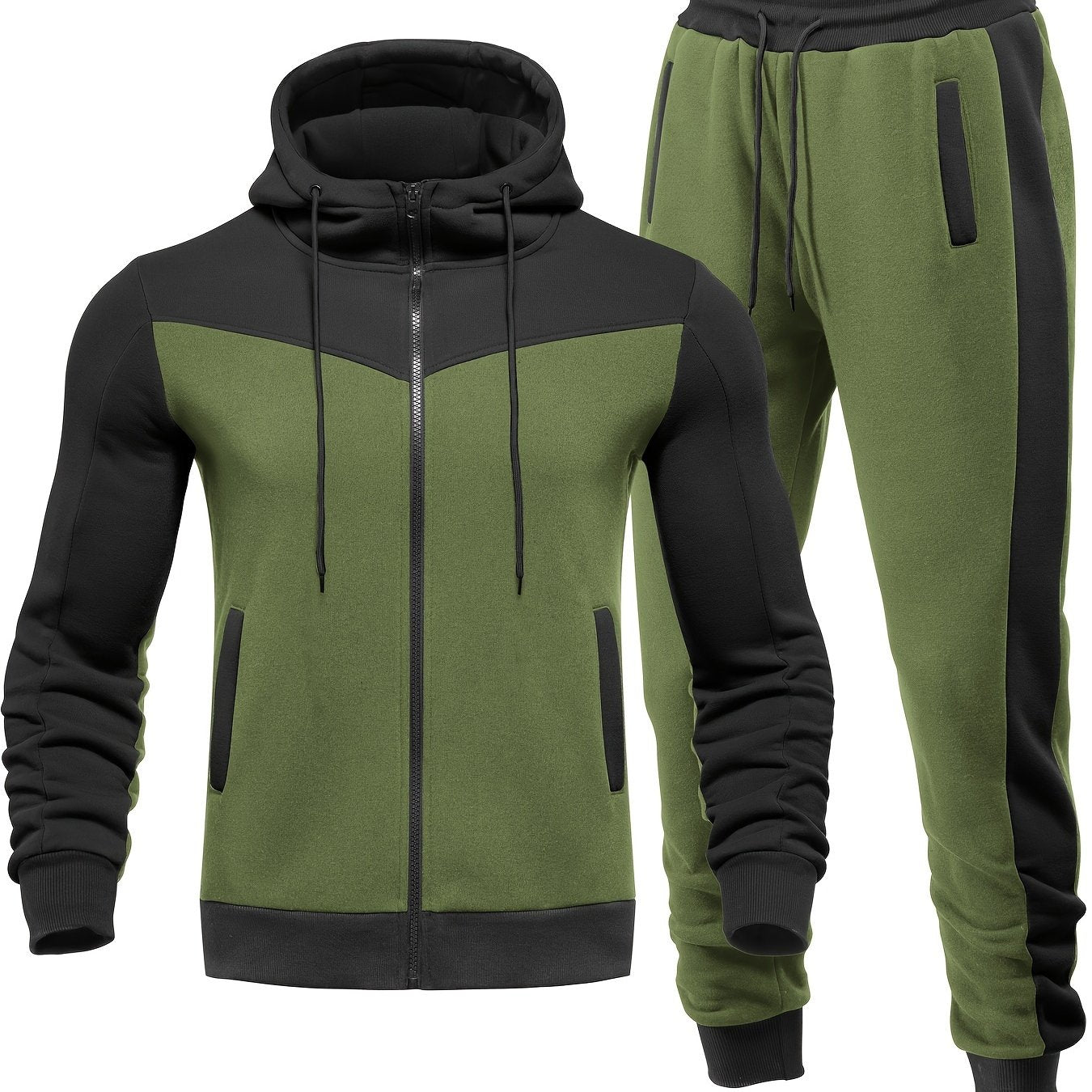 Two-Piece Color Block Men's Casual Sportswear Hoodie Set, Zip-Up Drawstring Jogging Suit For All Seasons