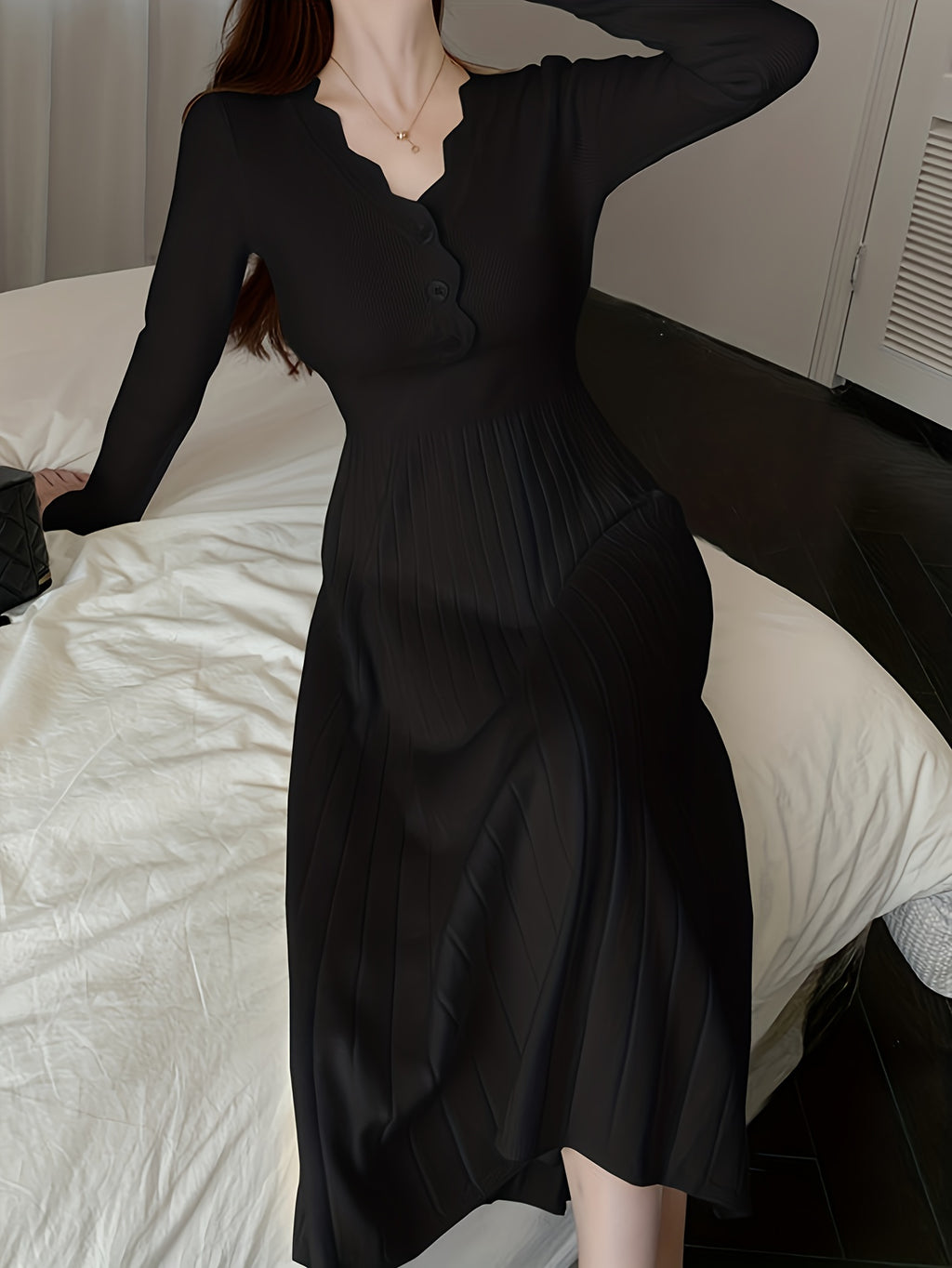 Button Front V-neck Sweater Dress, Solid Long Sleeve Dress, Women's Clothing