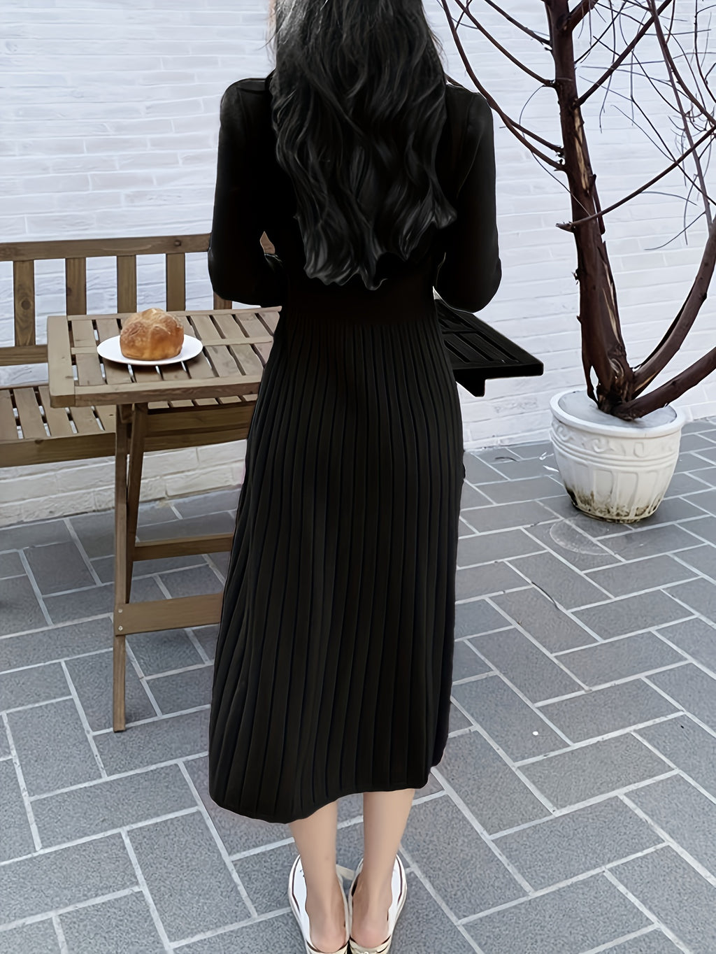 Button Front V-neck Sweater Dress, Solid Long Sleeve Dress, Women's Clothing