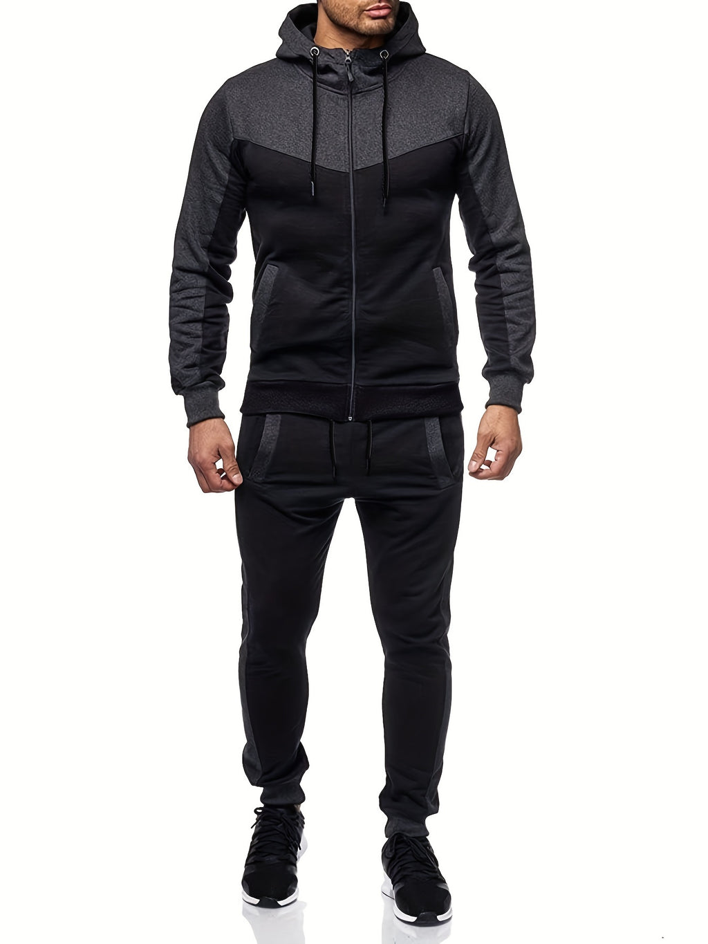 Two-Piece Color Block Men's Casual Sportswear Hoodie Set, Zip-Up Drawstring Jogging Suit For All Seasons