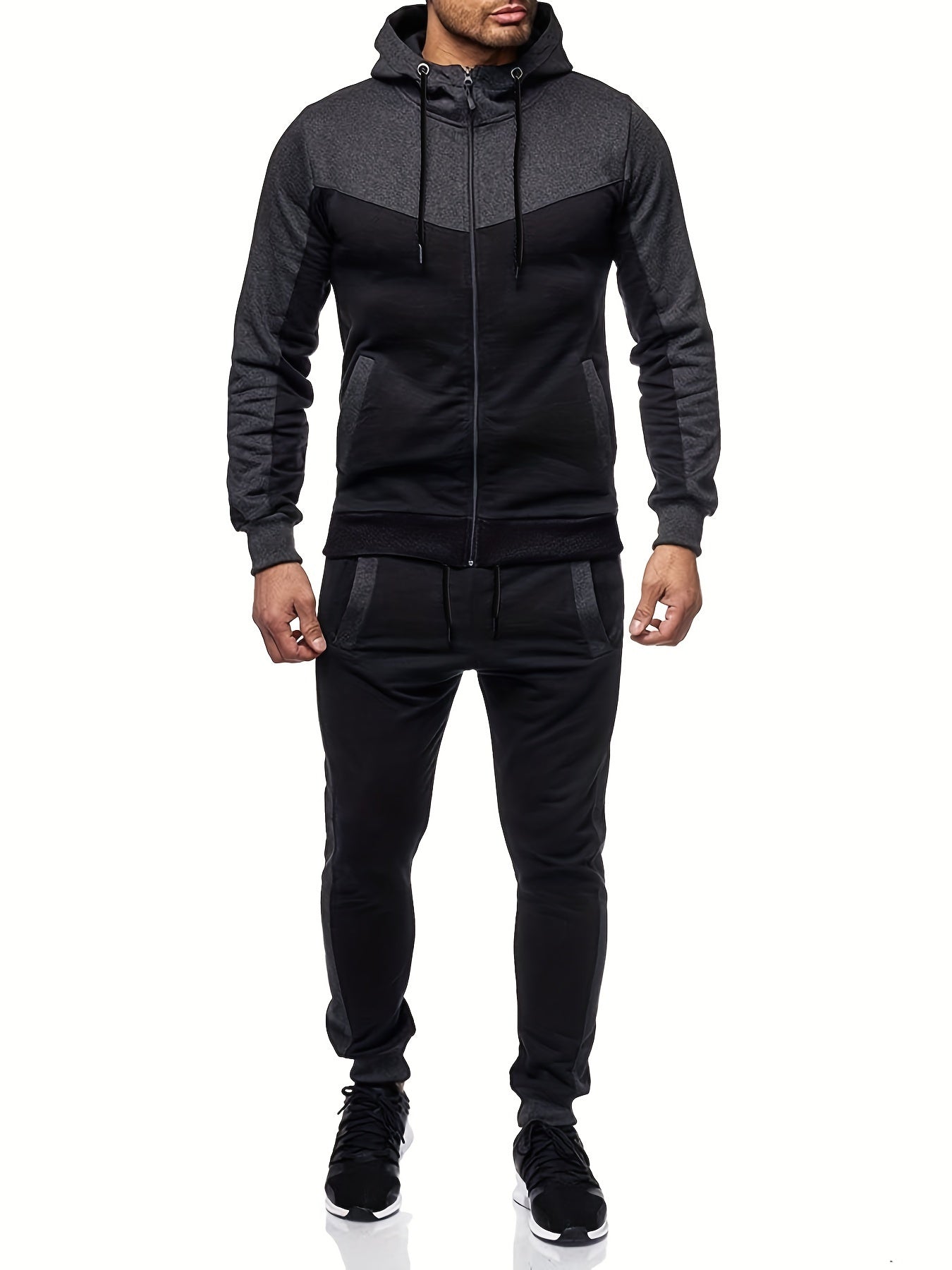 Two-Piece Color Block Men's Casual Sportswear Hoodie Set, Zip-Up Drawstring Jogging Suit For All Seasons