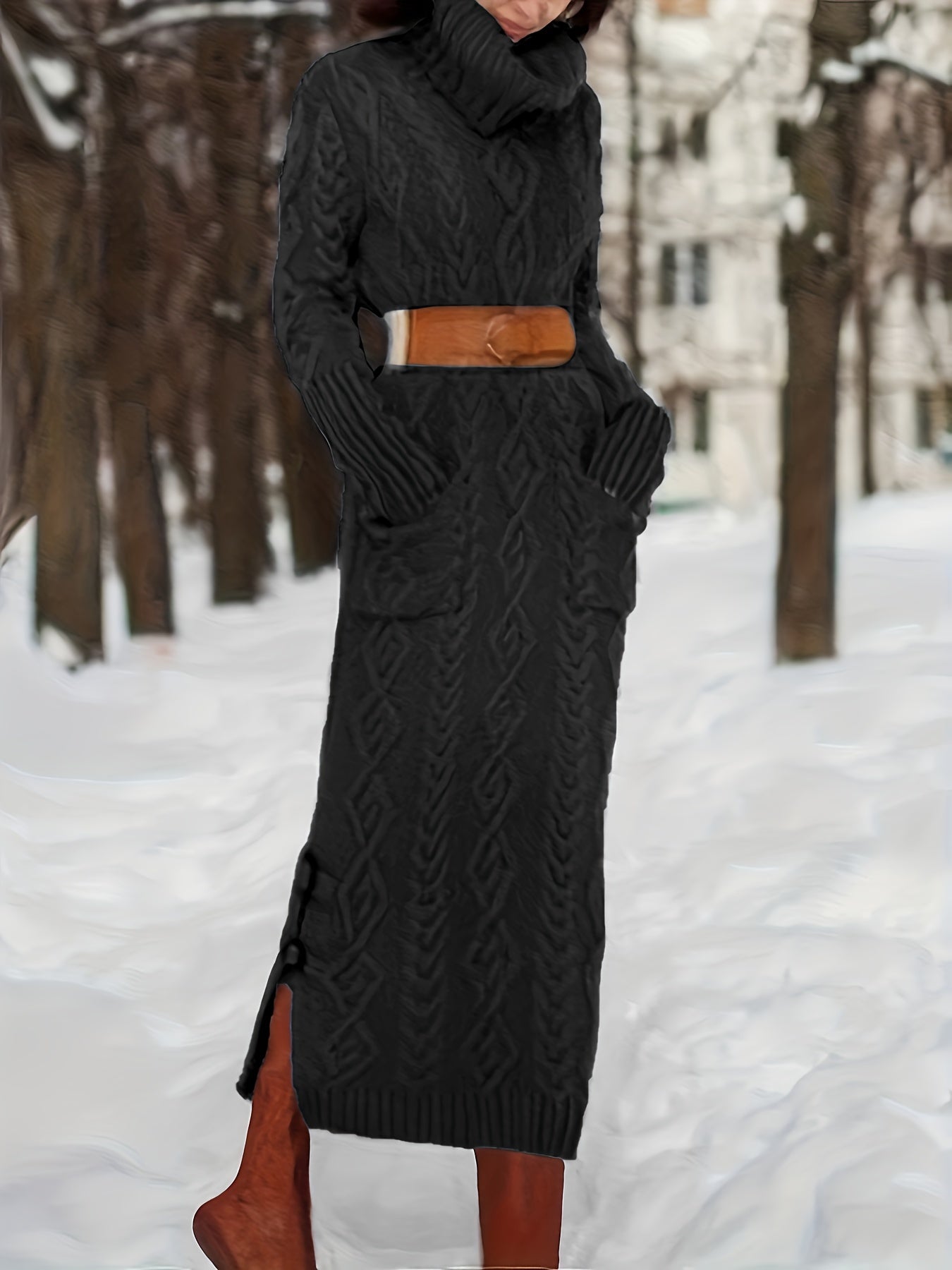 Elegant & Chic Turtleneck Sweater Dress – Warm, Durable High Neck Knit with Pockets, Solid Color, Perfect for Fall/Winter Women's Fashion