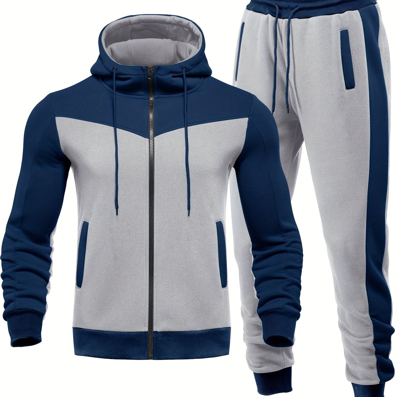 Two-Piece Color Block Men's Casual Sportswear Hoodie Set, Zip-Up Drawstring Jogging Suit For All Seasons