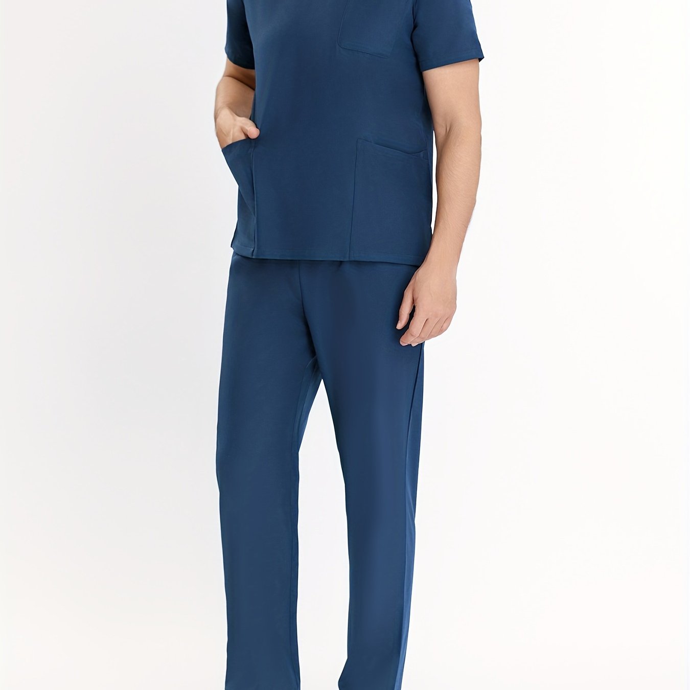 Men's 2-piece Solid Color Work Wear Set Of Tops And Pants, Short Sleeve V Neck T-shirt With Side Pocket, And Regular Fit Ankle Long Pants, Professional Work Suit For Men