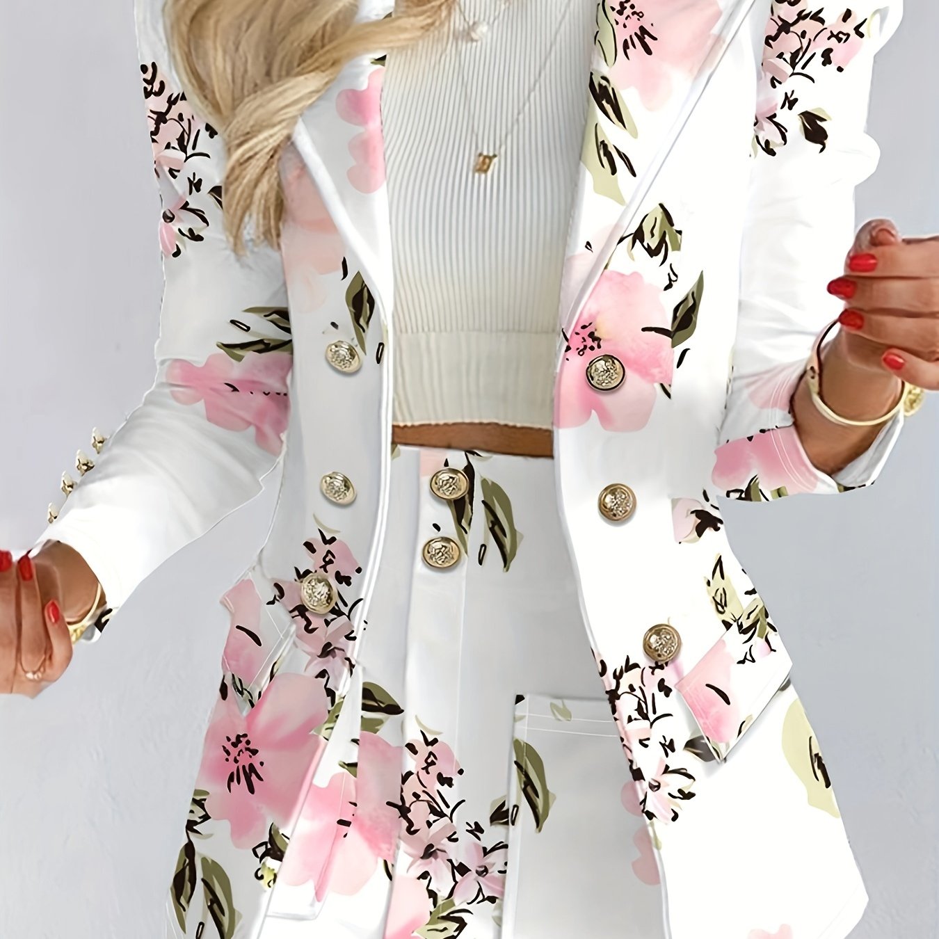 Elegant White Double-Breasted Blazer with Floral Print - Stylish Short Sleeve Suit for Women, Professional Attire with Button Details, Polyester Blend, All-Season Wear, Office Attire|Floral Print Blazer|Structured Shoulders,