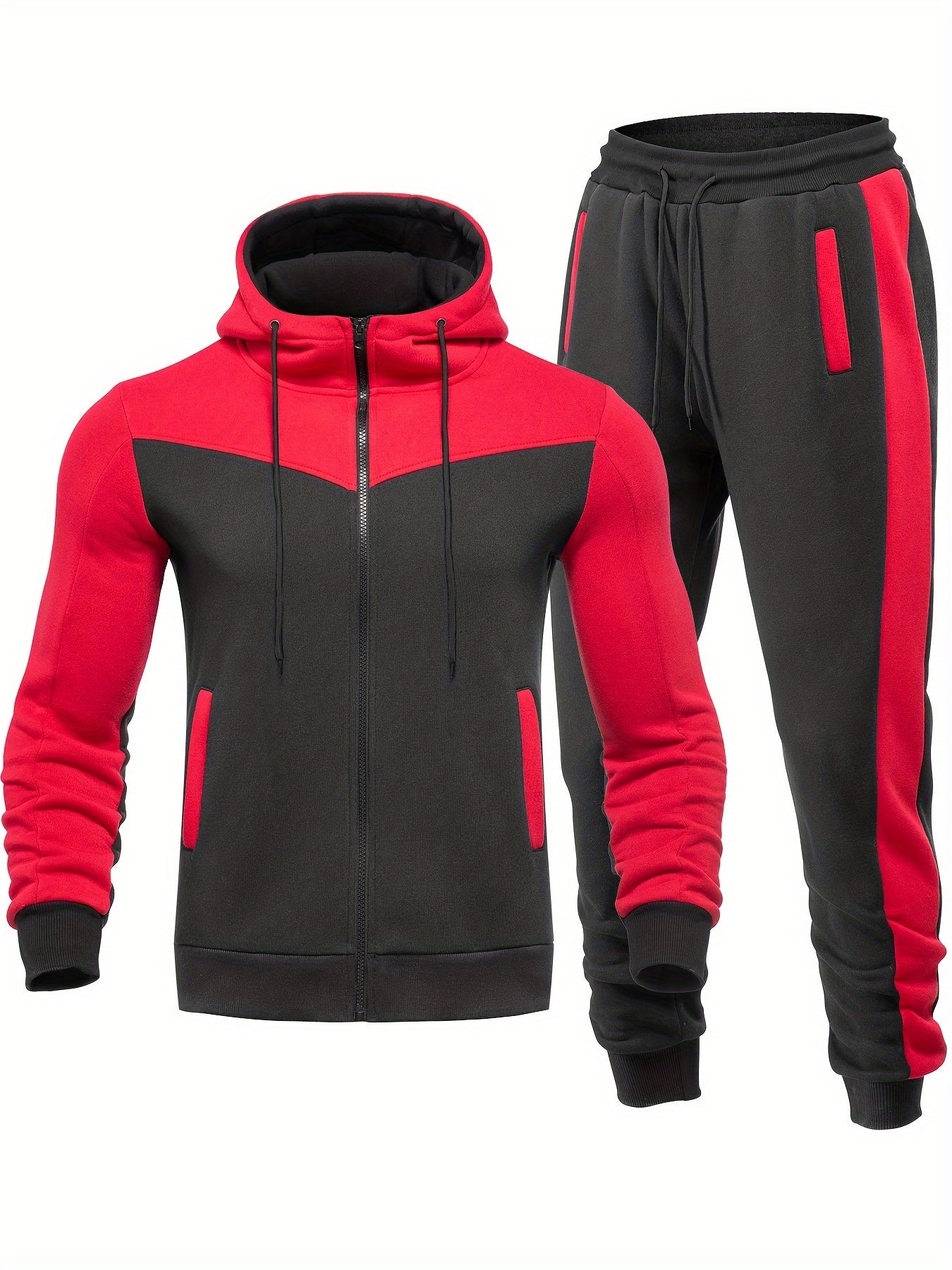 Two-Piece Color Block Men's Casual Sportswear Hoodie Set, Zip-Up Drawstring Jogging Suit For All Seasons