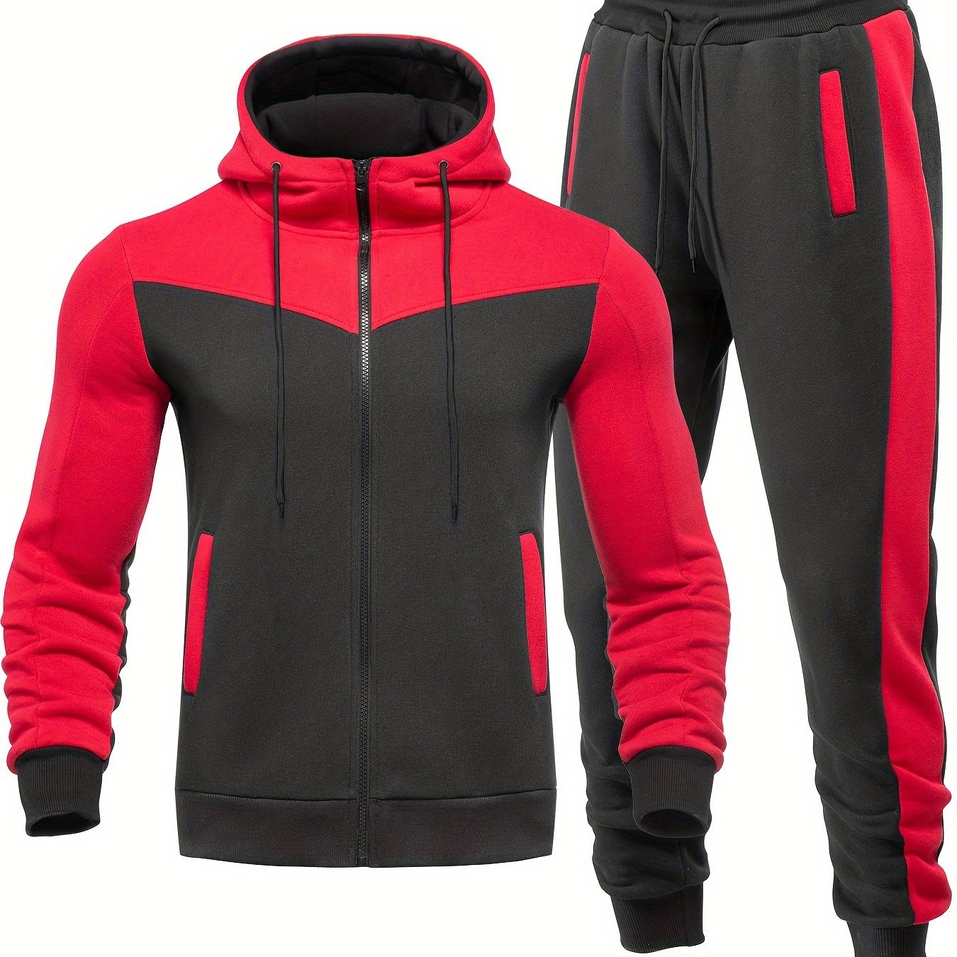 Two-Piece Color Block Men's Casual Sportswear Hoodie Set, Zip-Up Drawstring Jogging Suit For All Seasons