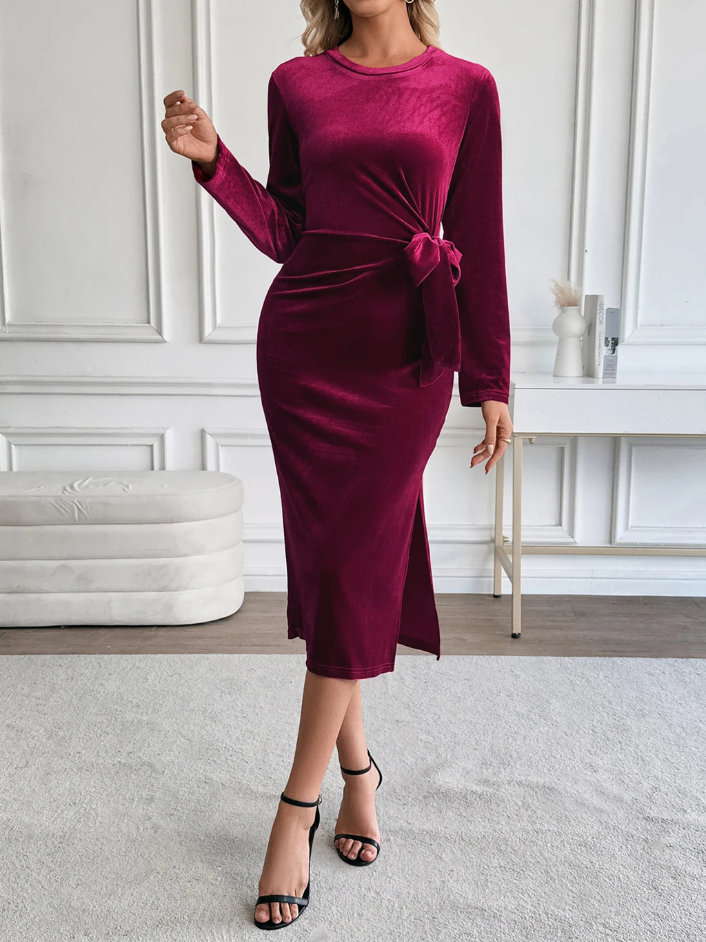 Elegant Wine Red Velvet Dress for Women Cross-Border Trade Banquet Party European And American Style Fashionable Evening Gown